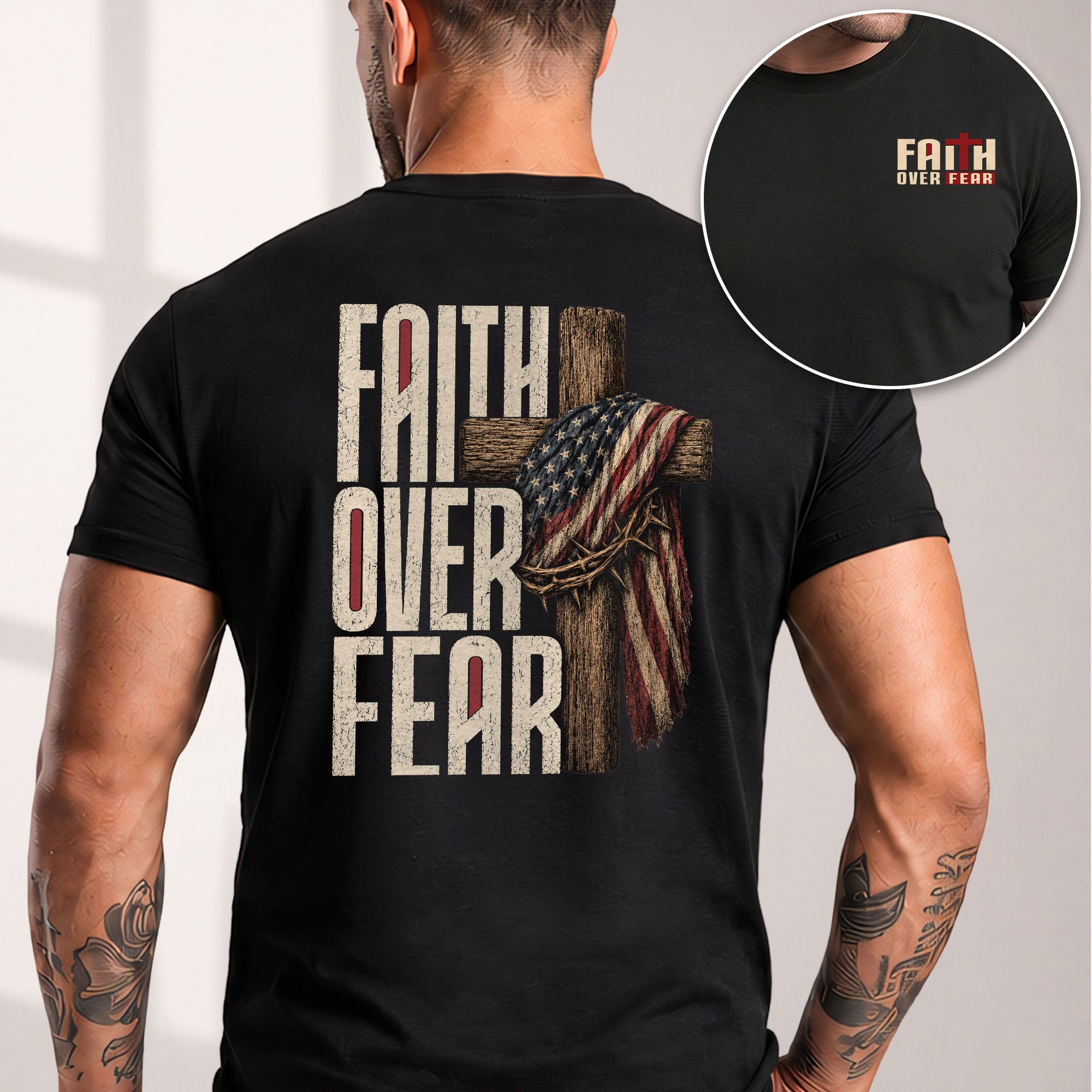 Faith Over Fear Christian Shirt Patriotic Cross American Flag Religious Graphic Tee