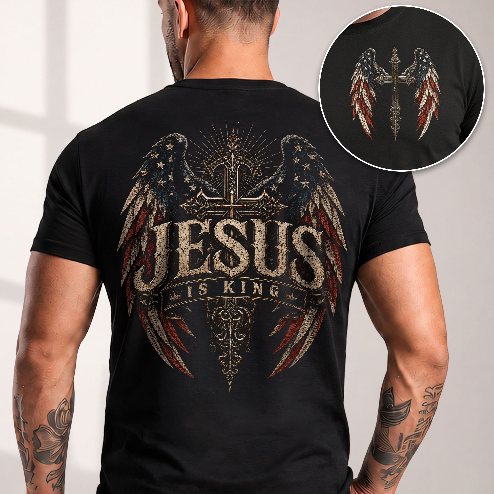 Jesus Is King T Shirt American Flag Cross Angel Wings Religious Apparel Tee Top Unisex