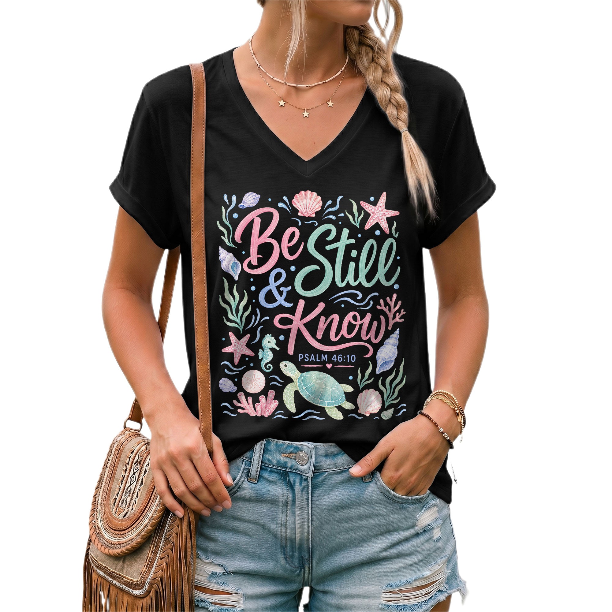 Be Still And Know Sea Turtle Ocean Psalm 46 10 Graphic Christian V Neck Shirt Women