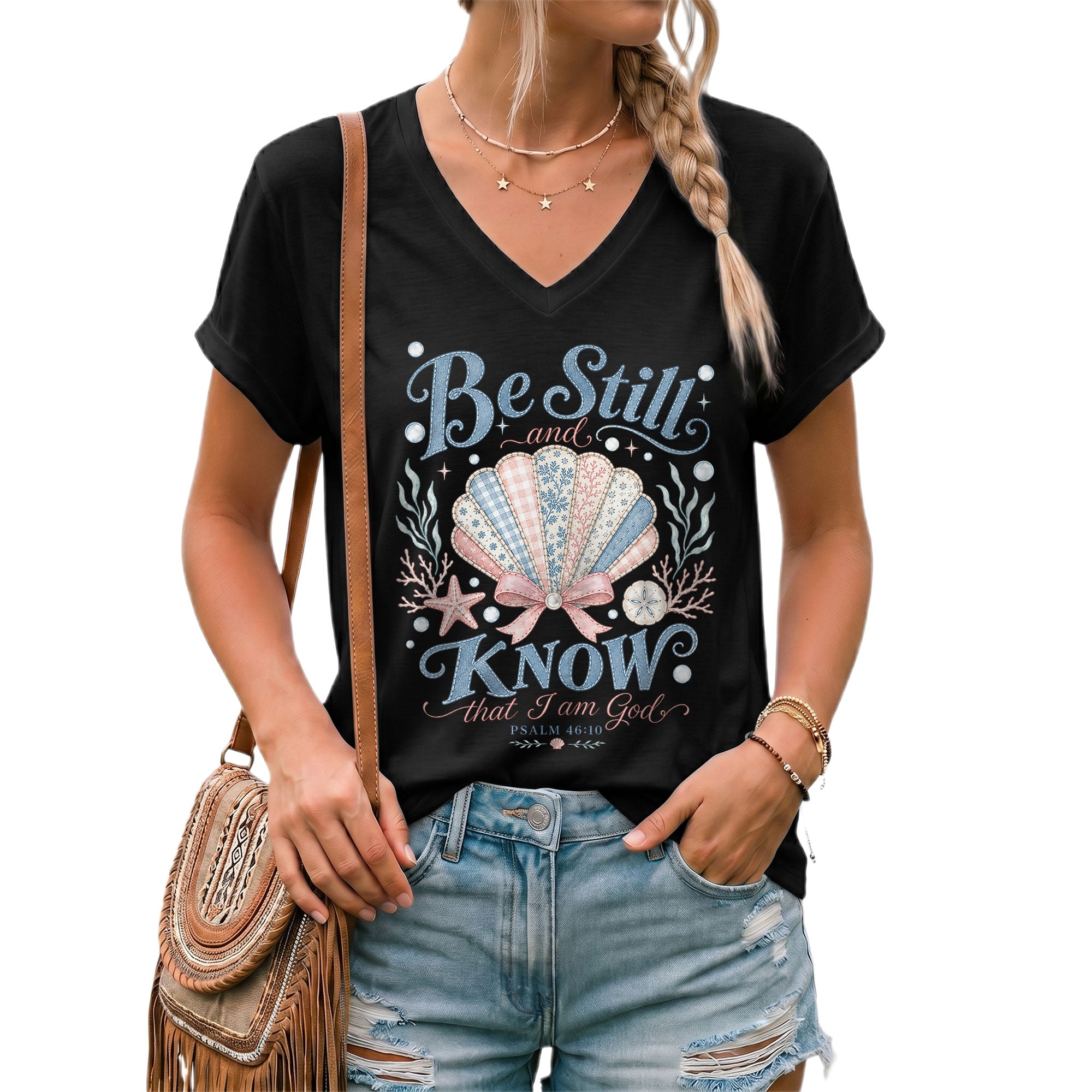 Be Still And Know That I Am God Seashell Psalm 46 10 Christian V Neck Shirt Women