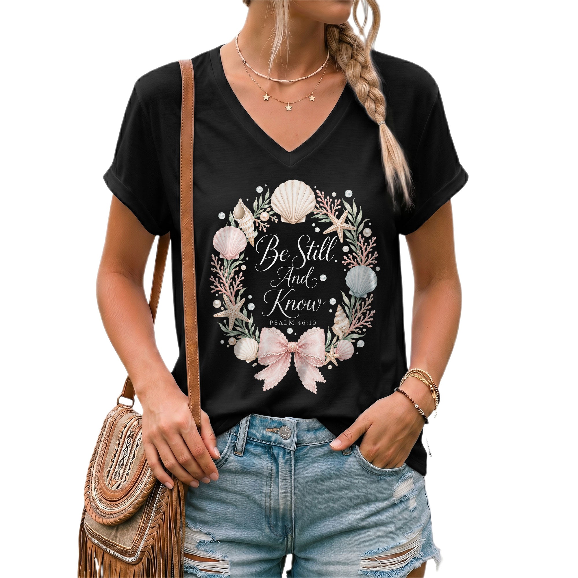 Be Still And Know Seashell Floral Wreath Psalm 46 10 Christian V Neck Shirt Women