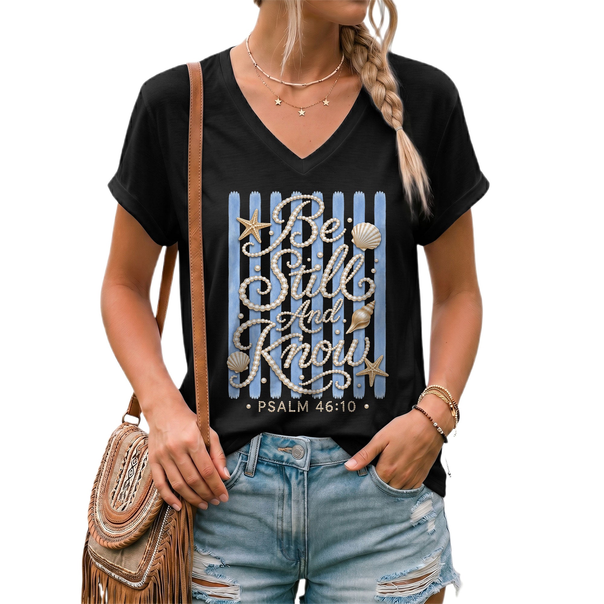 Be Still And Know Pearl Stripes Seashells Psalm 46 10 Christian V Neck Shirt Women