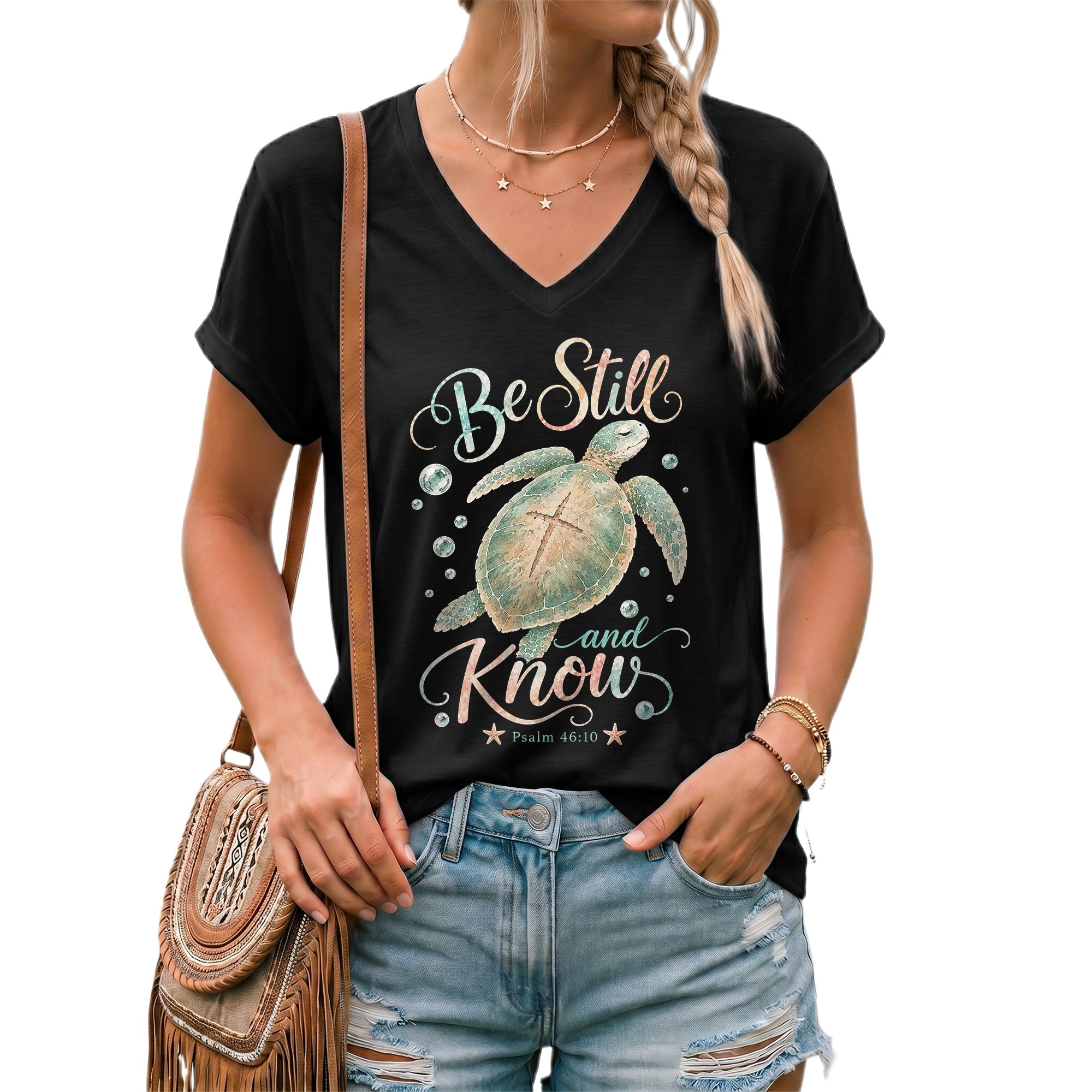 Be Still And Know Sea Turtle Cross Shell Psalm 46 10 Christian V Neck Shirt Women