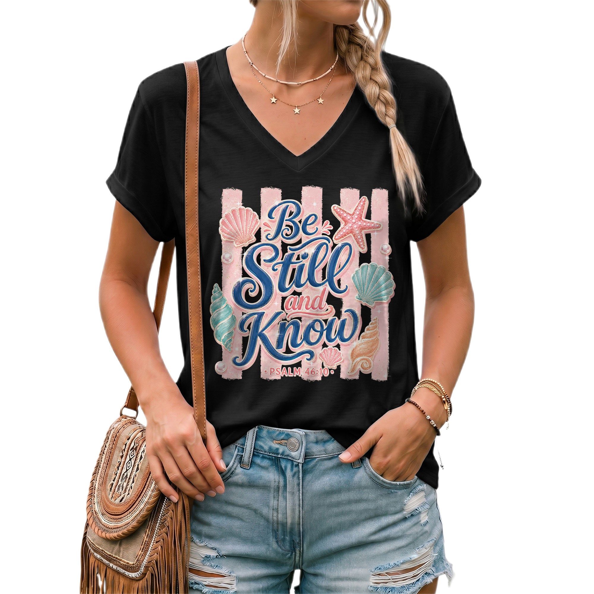Be Still And Know Pink Stripes Seashells Psalm 46 10 Christian V Neck Shirt Women