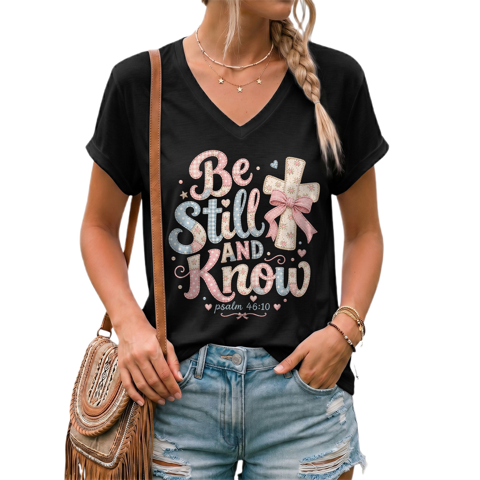 Be Still And Know Pastel Patchwork Cross Psalm 46 10 Christian V Neck Shirt Women
