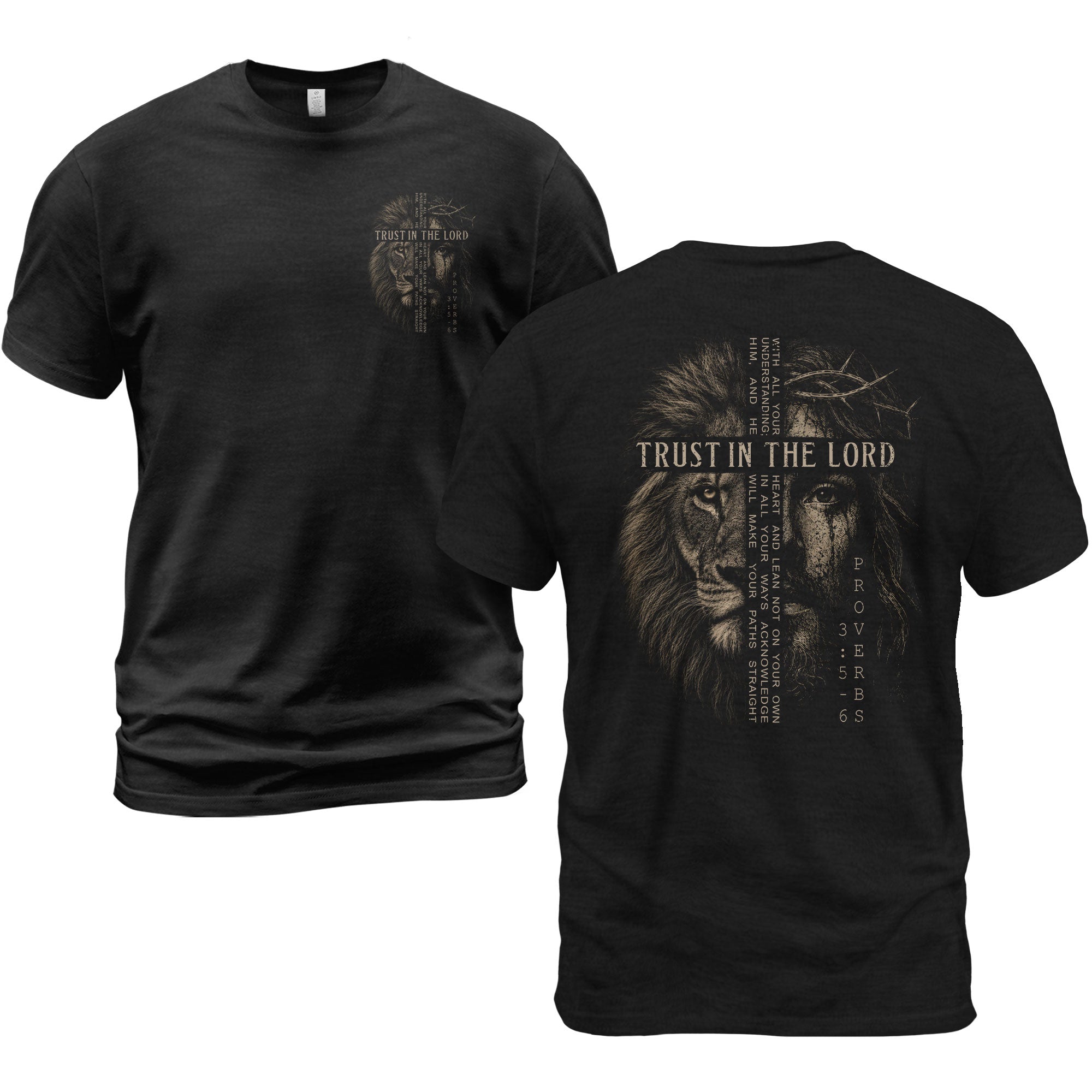 Trust In The Lord Christian Shirt Lion and Jesus Face Proverbs 3:5-6 Faith Graphic Tee