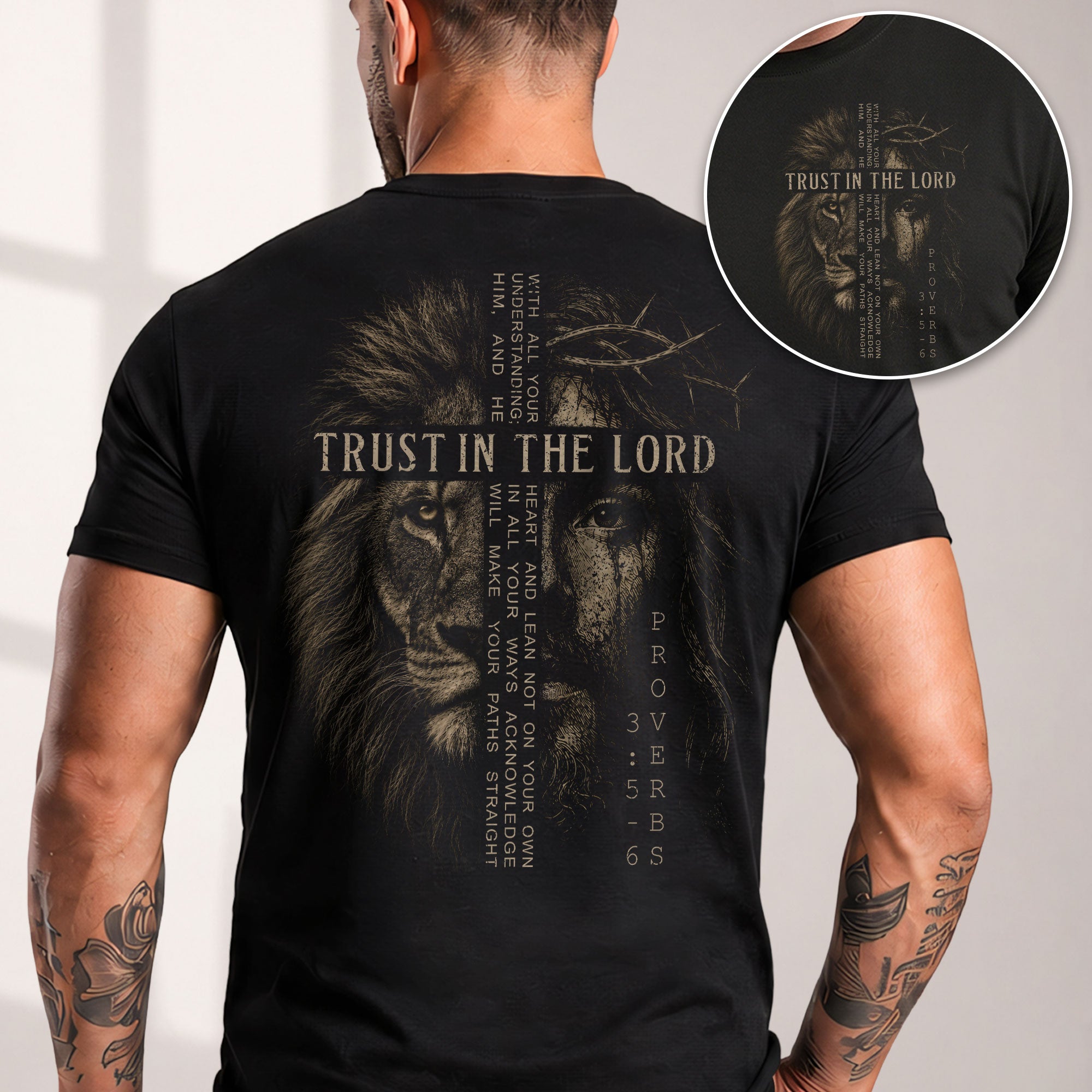 Trust In The Lord Christian Shirt Lion and Jesus Face Proverbs 3:5-6 Faith Graphic Tee - Rust Field Wear