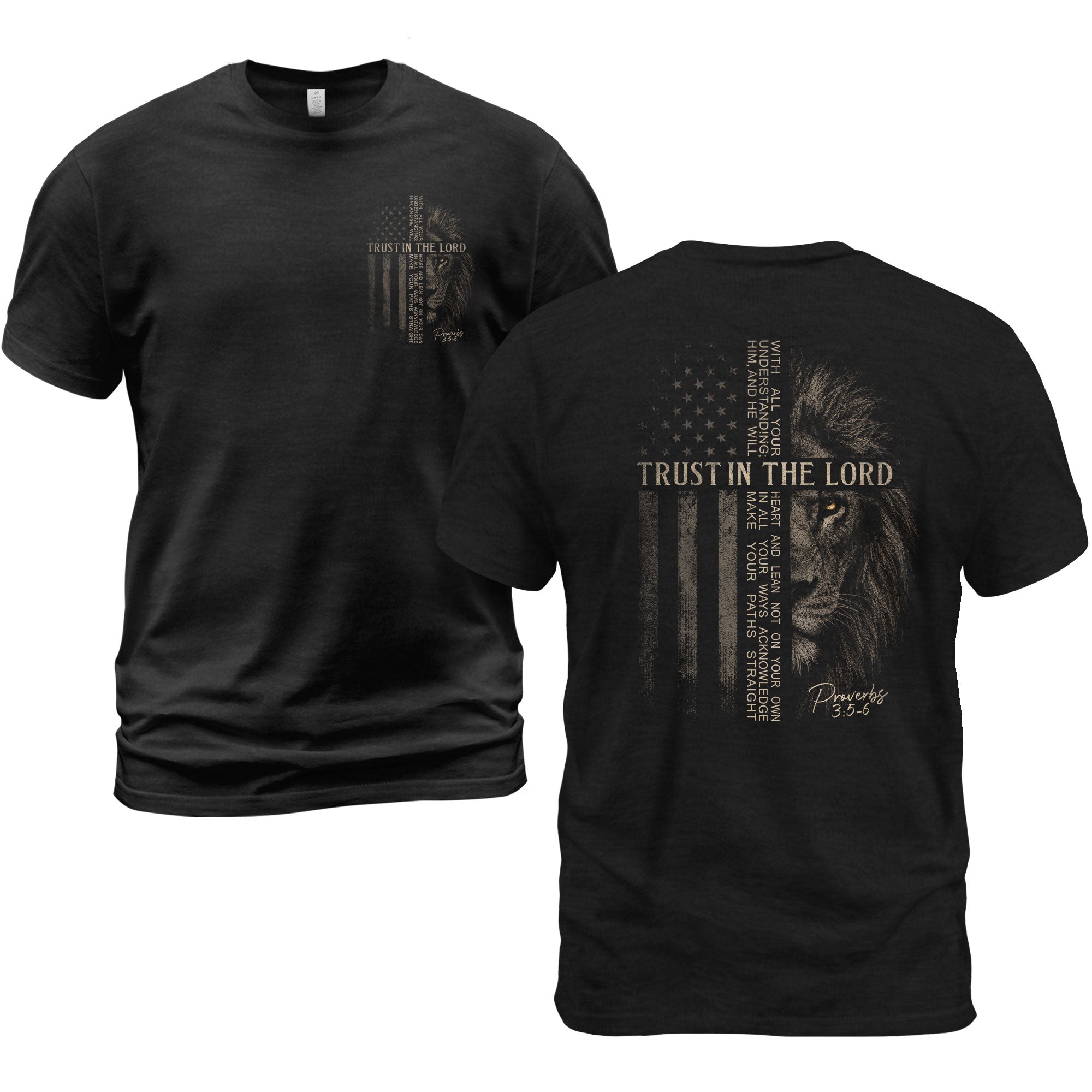 Trust In The Lord Lion Christian Shirt Proverbs 3:5-6 Faith Patriotic Graphic Tee
