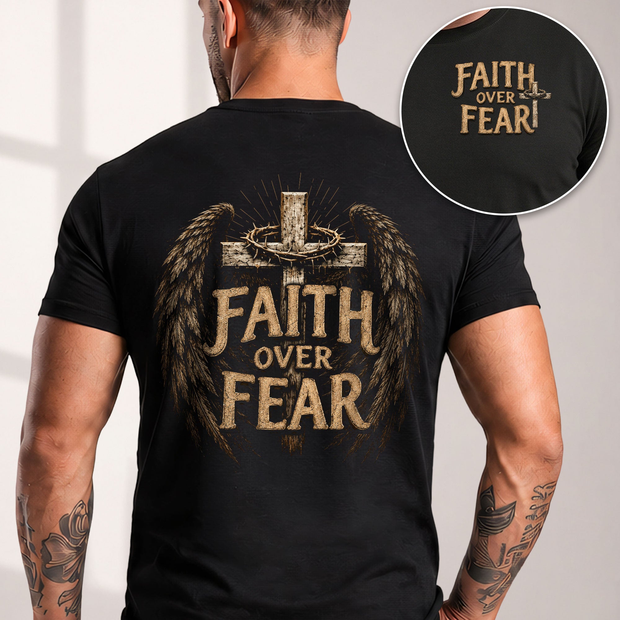 Faith Over Fear Cross Wings Crown Christian Graphic T-Shirt Unisex Casual Apparel