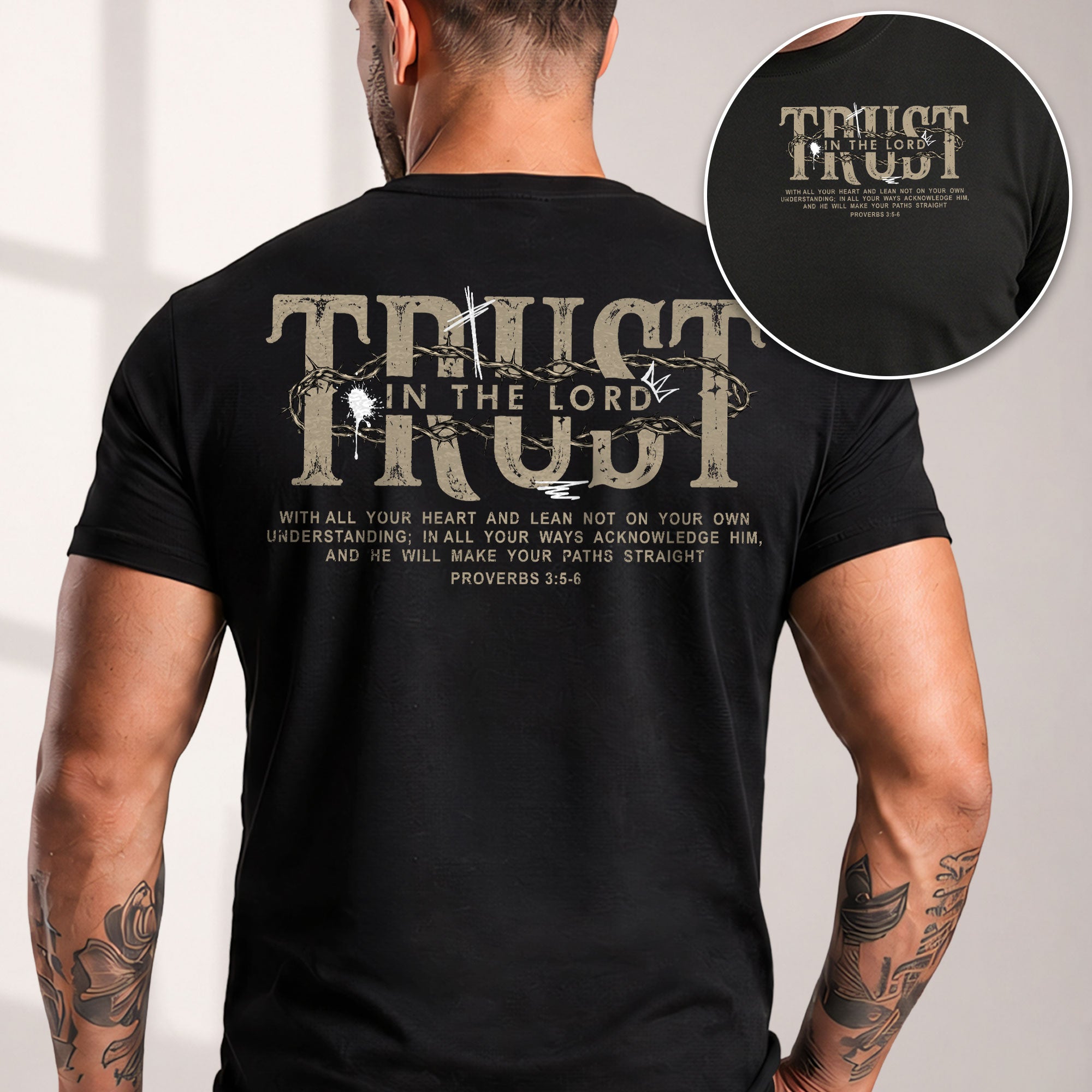 Trust In The Lord Christian Shirt Proverbs 3 5 6 Scripture Verse Cross Graphic Tee - Rust Field Wear