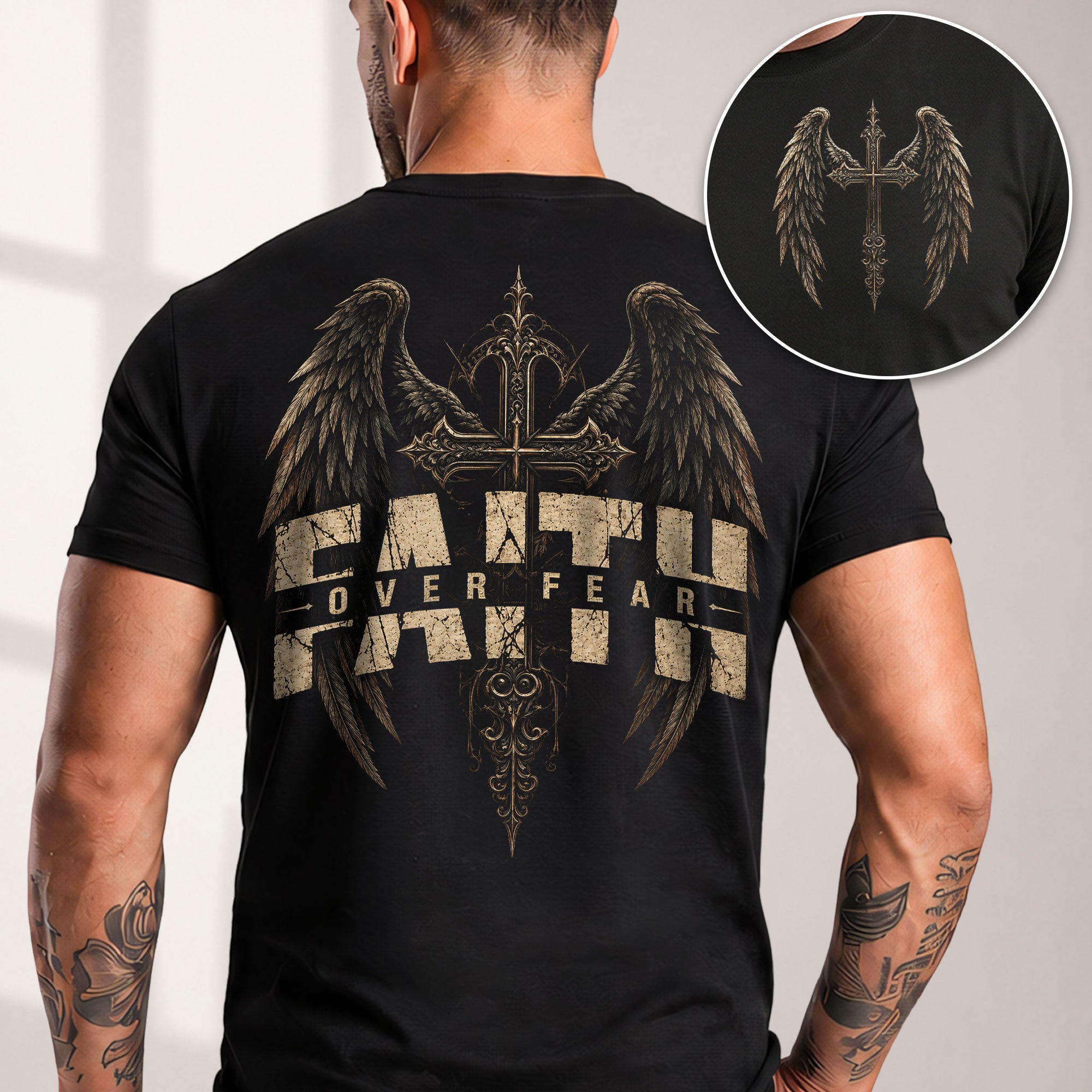 Faith Over Fear T Shirt Christian Angel Wings Cross Religious Apparel Tee Top Unisex