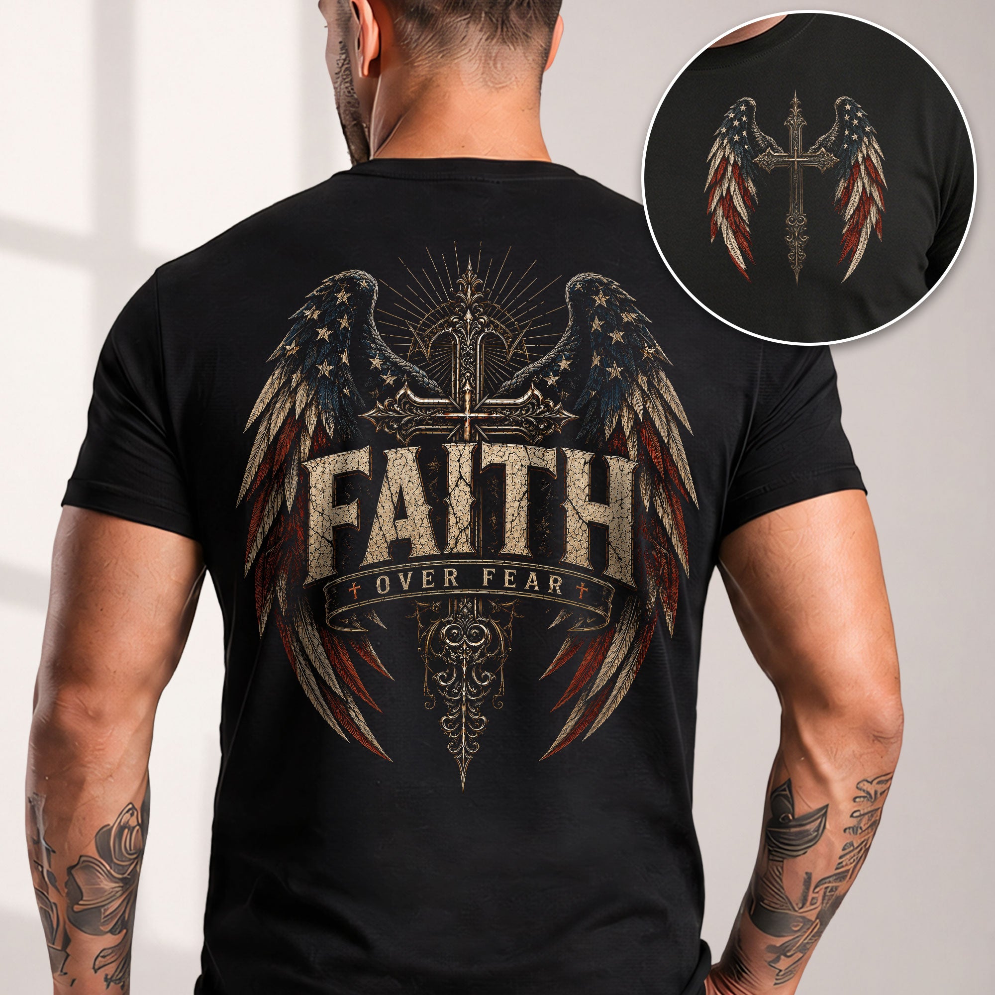 Faith Over Fear T Shirt American Flag Wings Cross Religious Apparel Tee Top Unisex