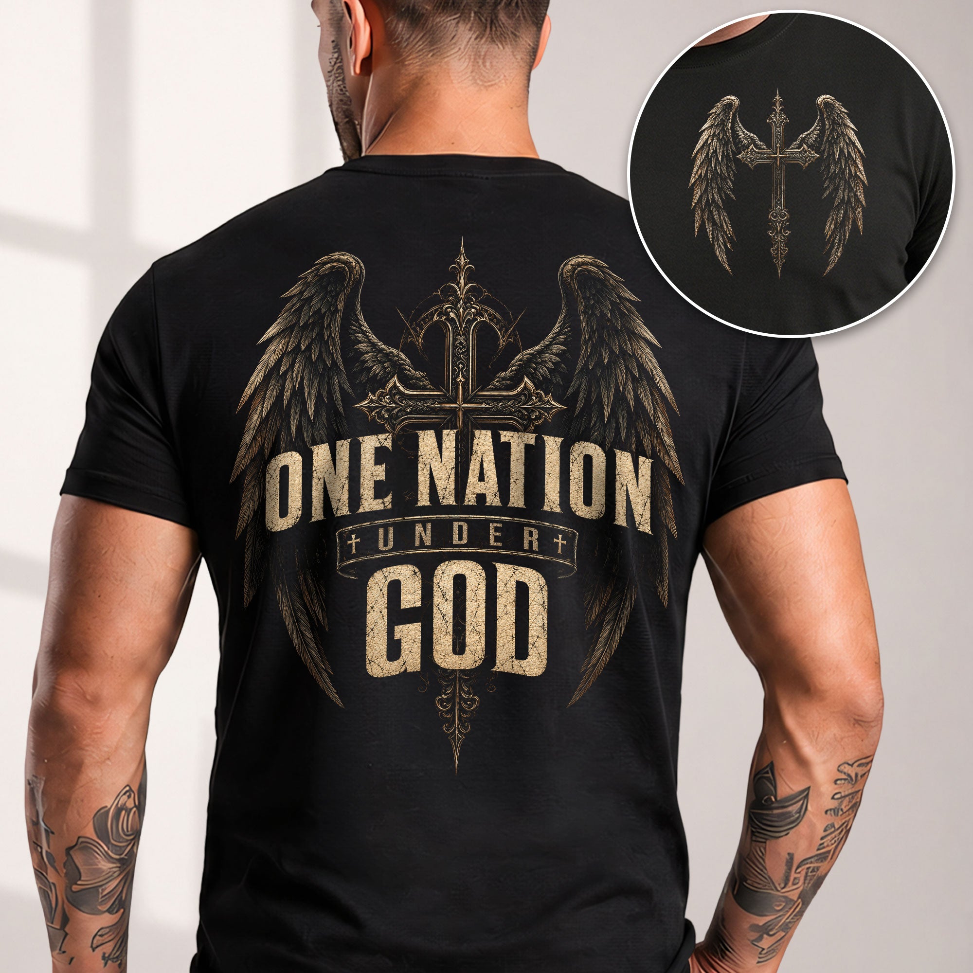 One Nation Under God T Shirt Christian Angel Wings Cross Religious Apparel Tee Top