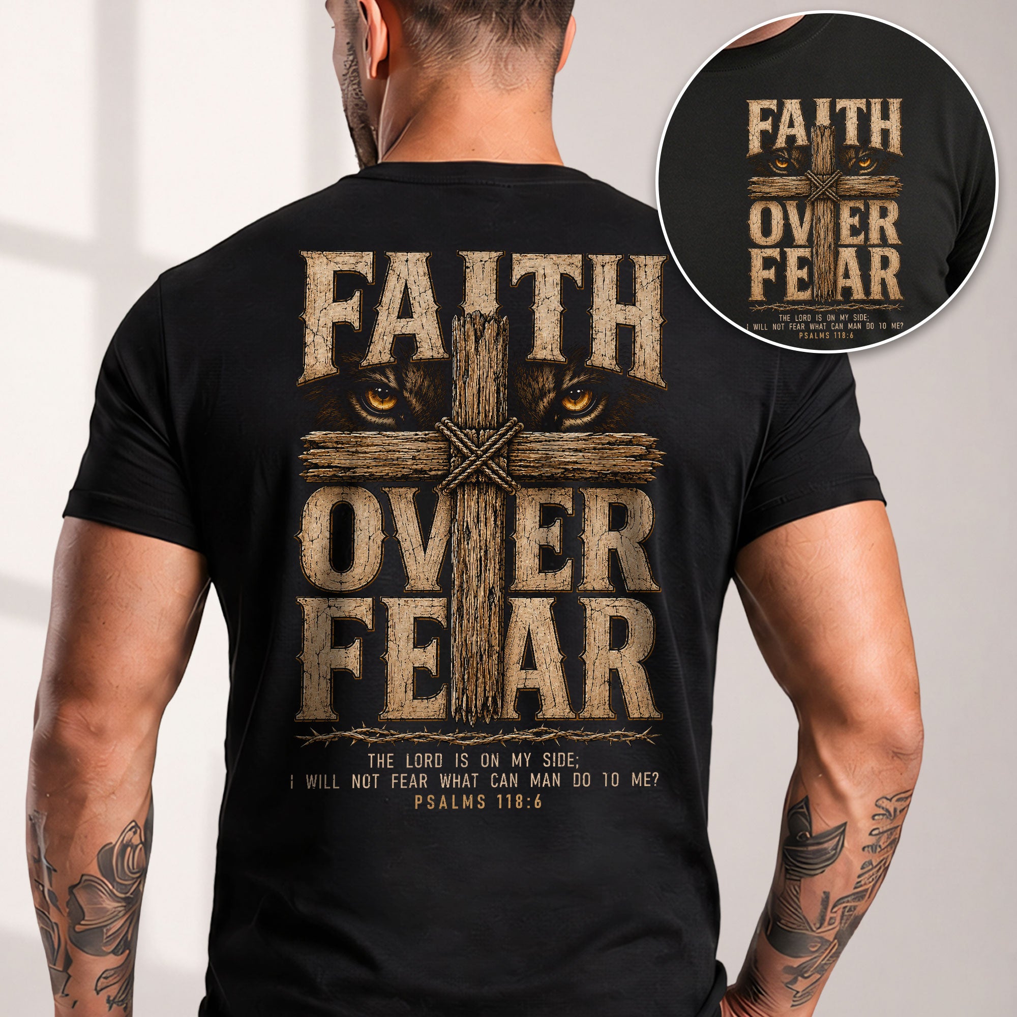 Faith Over Fear Lion Eyes Cross Psalm 118:6 Christian T-Shirt Unisex Casual Top - Rust Field Wear