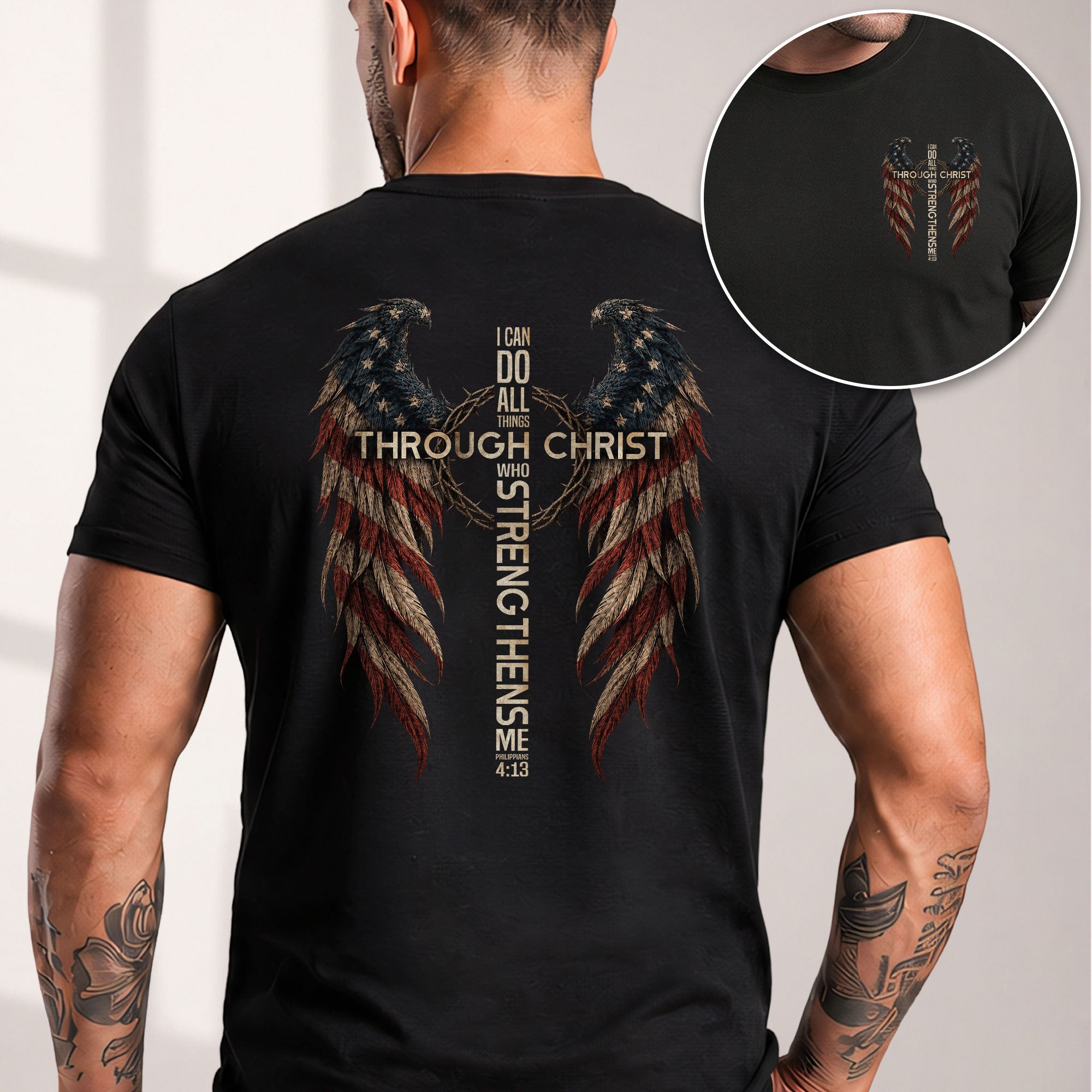 Through Christ Who Strengthens Me Shirt Cross Flag Wings Philippians 4 13 Graphic Tee