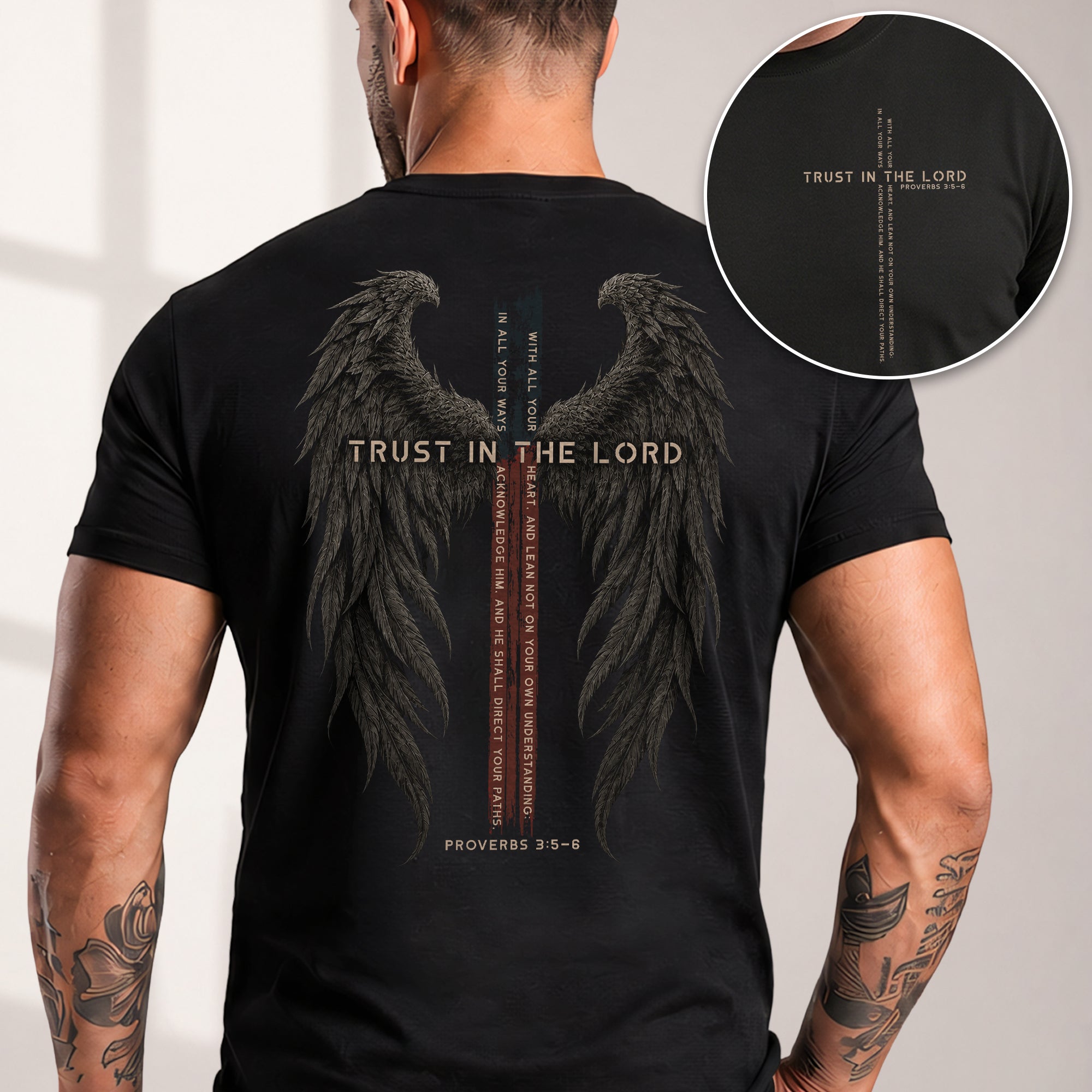 Trust In The Lord Shirt Christian Cross Wings Proverbs 3 5 6 Bible Verse Graphic Tee - Rust Field Wear