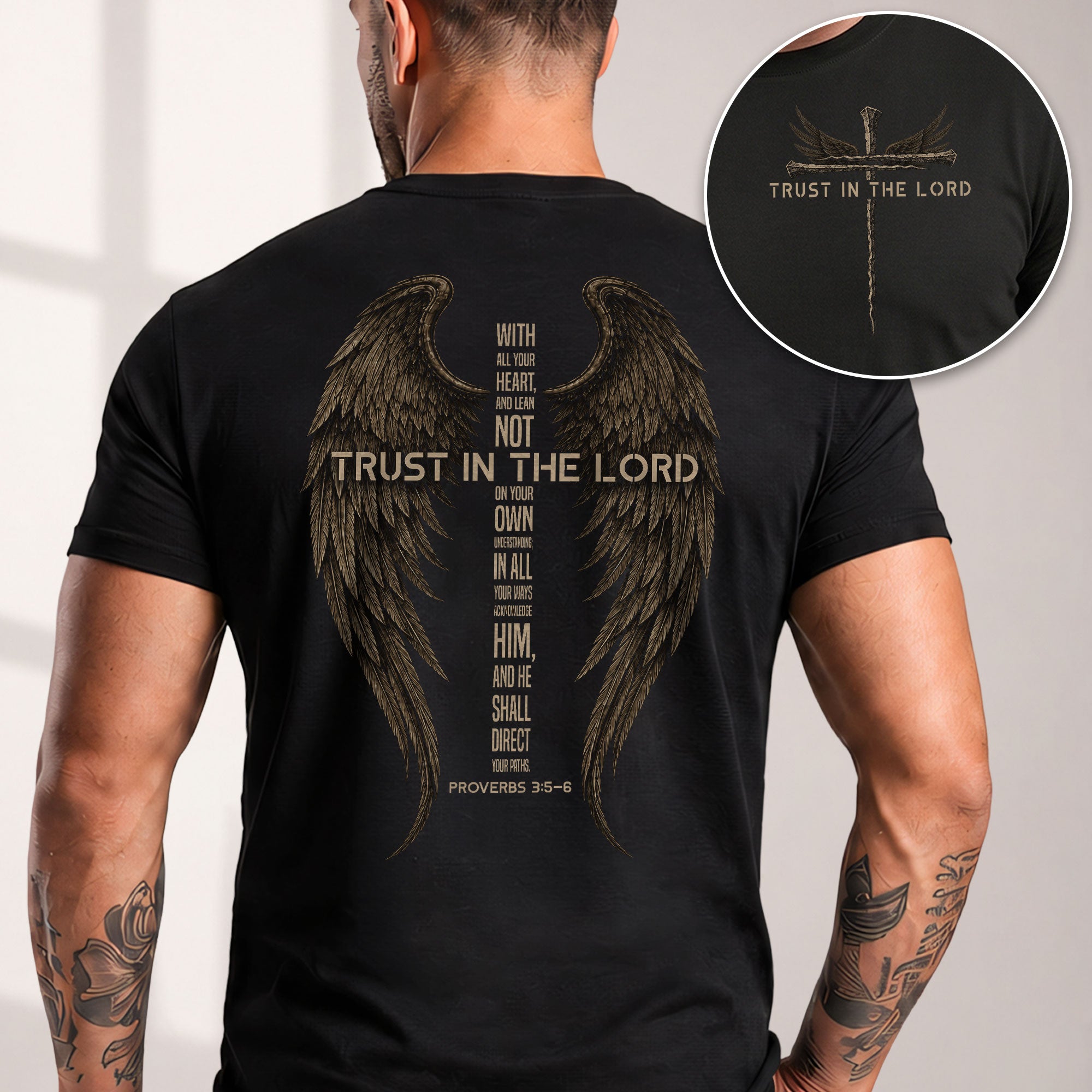 Trust In The Lord Shirt Faith Christian Cross Angel Wings Proverbs 3 5 6 Graphic Tee - Rust Field Wear
