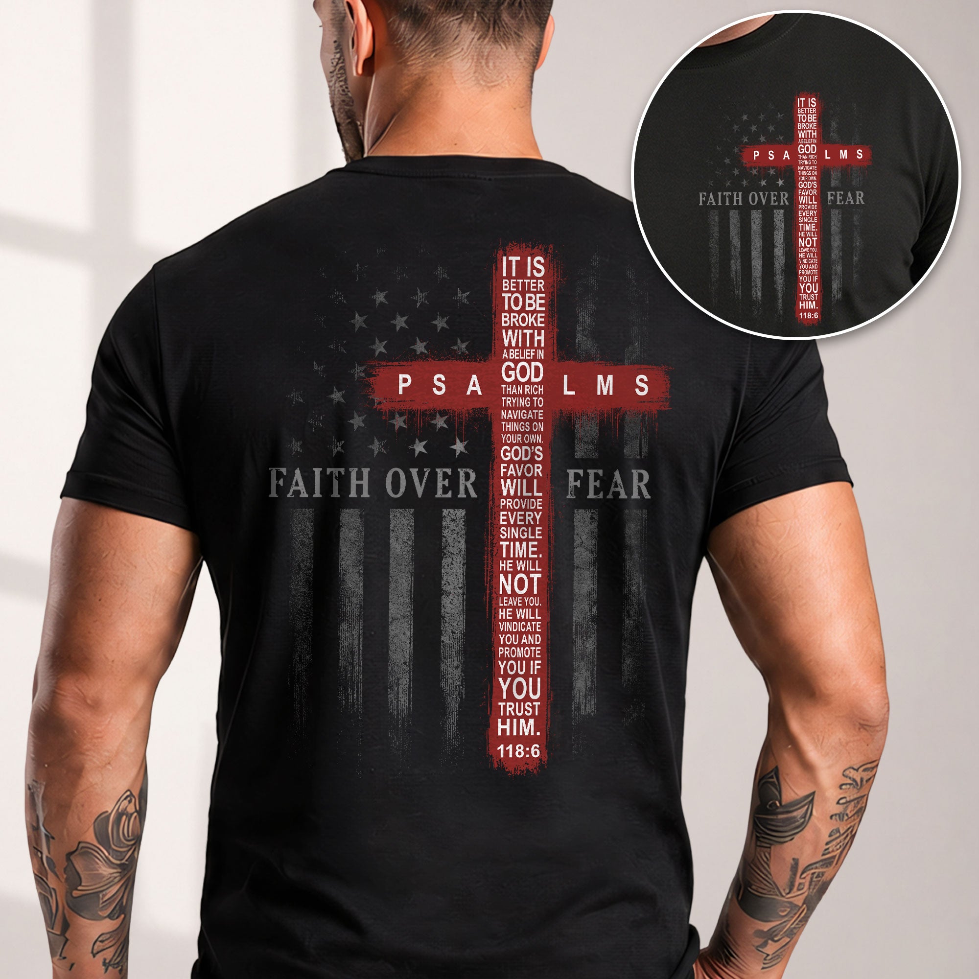 Patriotic Faith Over Fear American Flag Cross Psalms 118 6 Christian T Shirt Apparel - Rust Field Wear