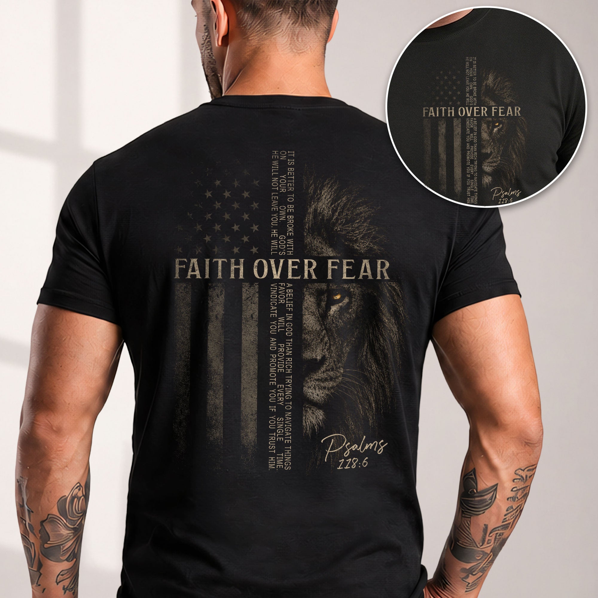 Faith Over Fear American Flag Lion Psalms 118 6 Christian T Shirt Apparel Top Unisex - Rust Field Wear