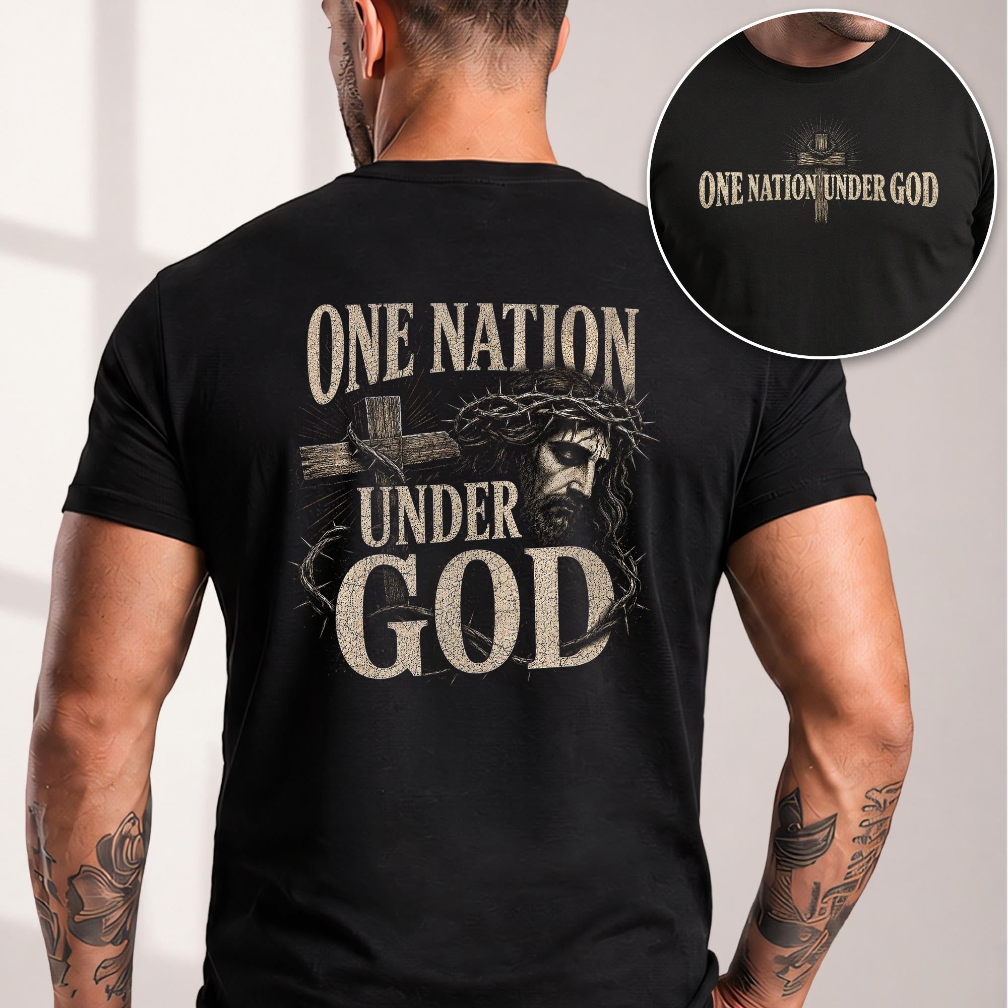 One Nation Under God Shirt Patriotic Christian Men Shirt Jesus Crown Of Thorns Cross Tee