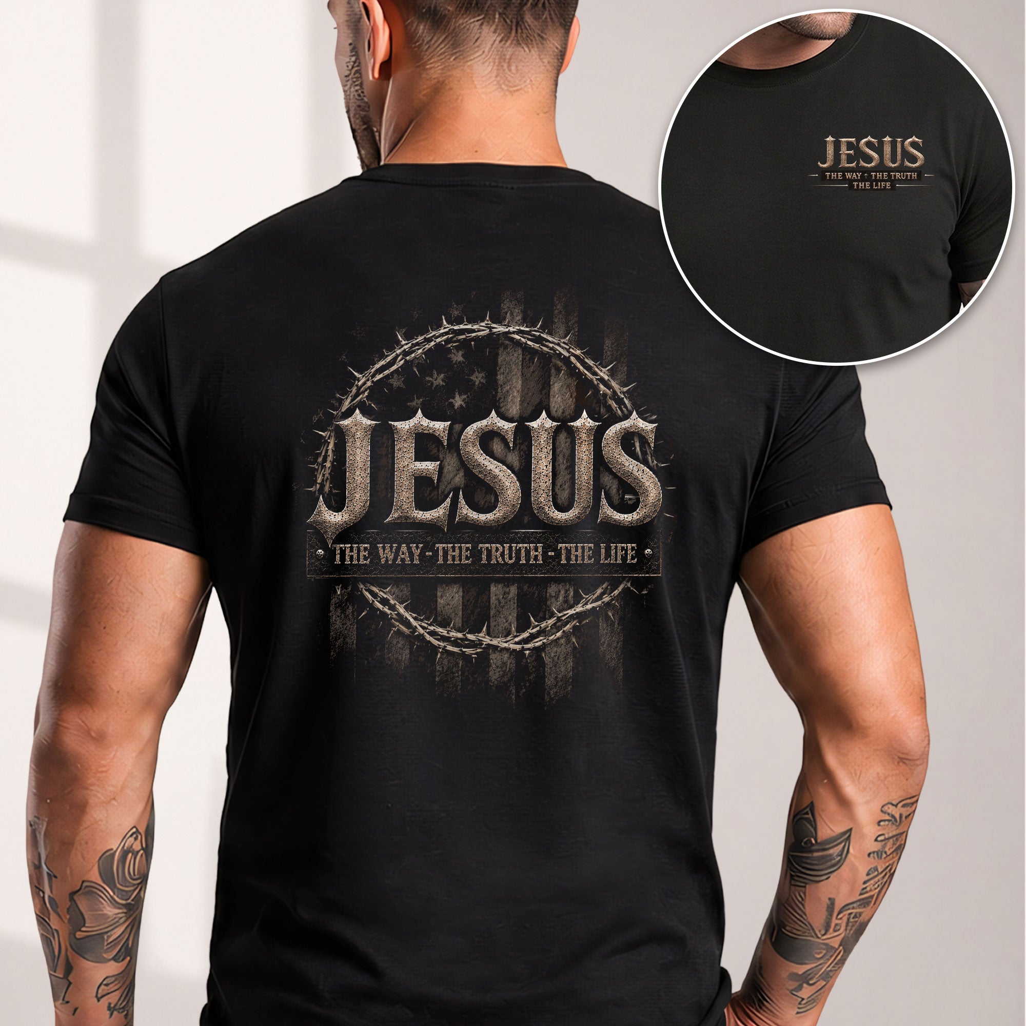 Jesus The Way The Truth The Life Crown Of Thorns Distressed American Flag T Shirt Men