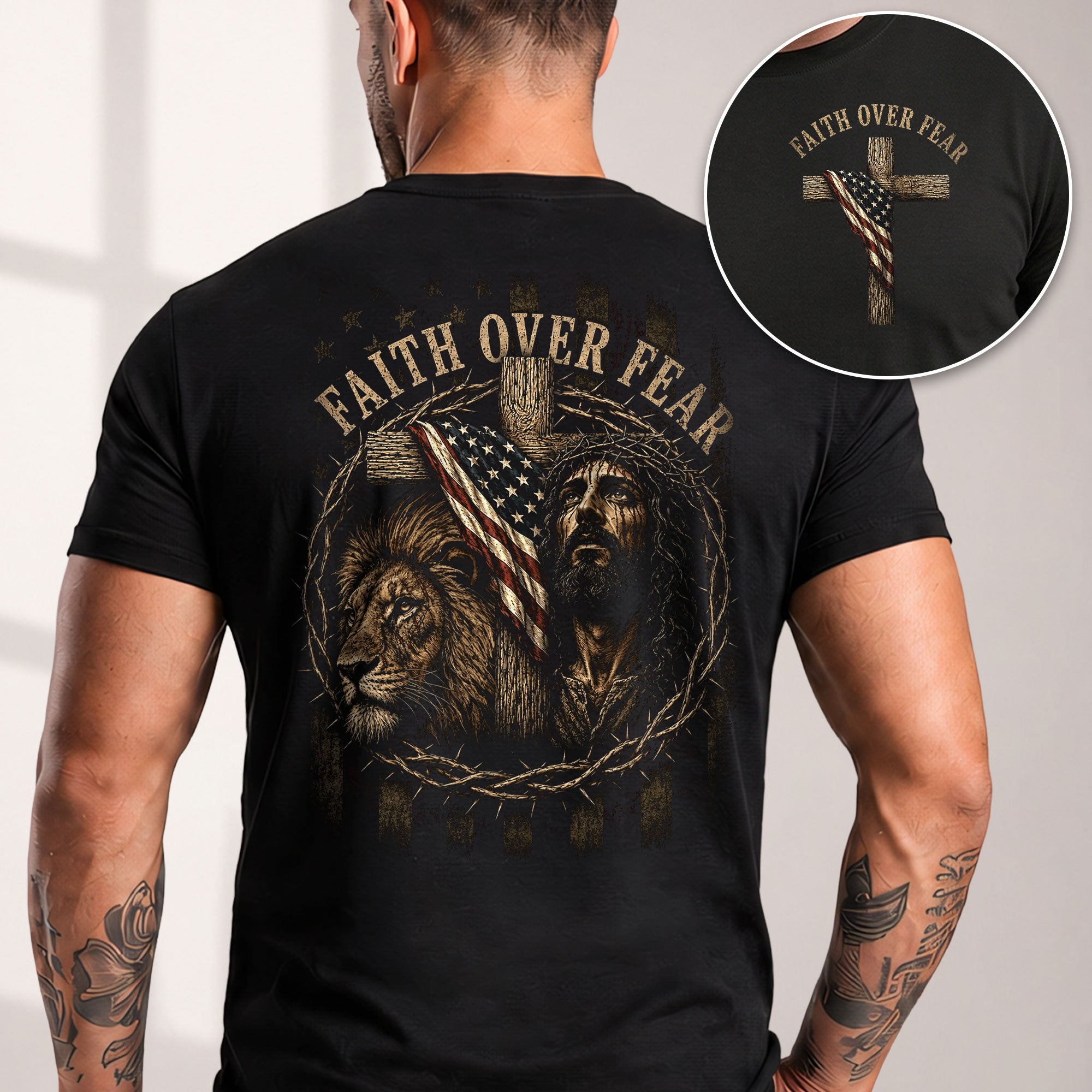 Faith Over Fear T Shirt Christian Jesus Lion American Flag Cross Crown Of Thorns Tee