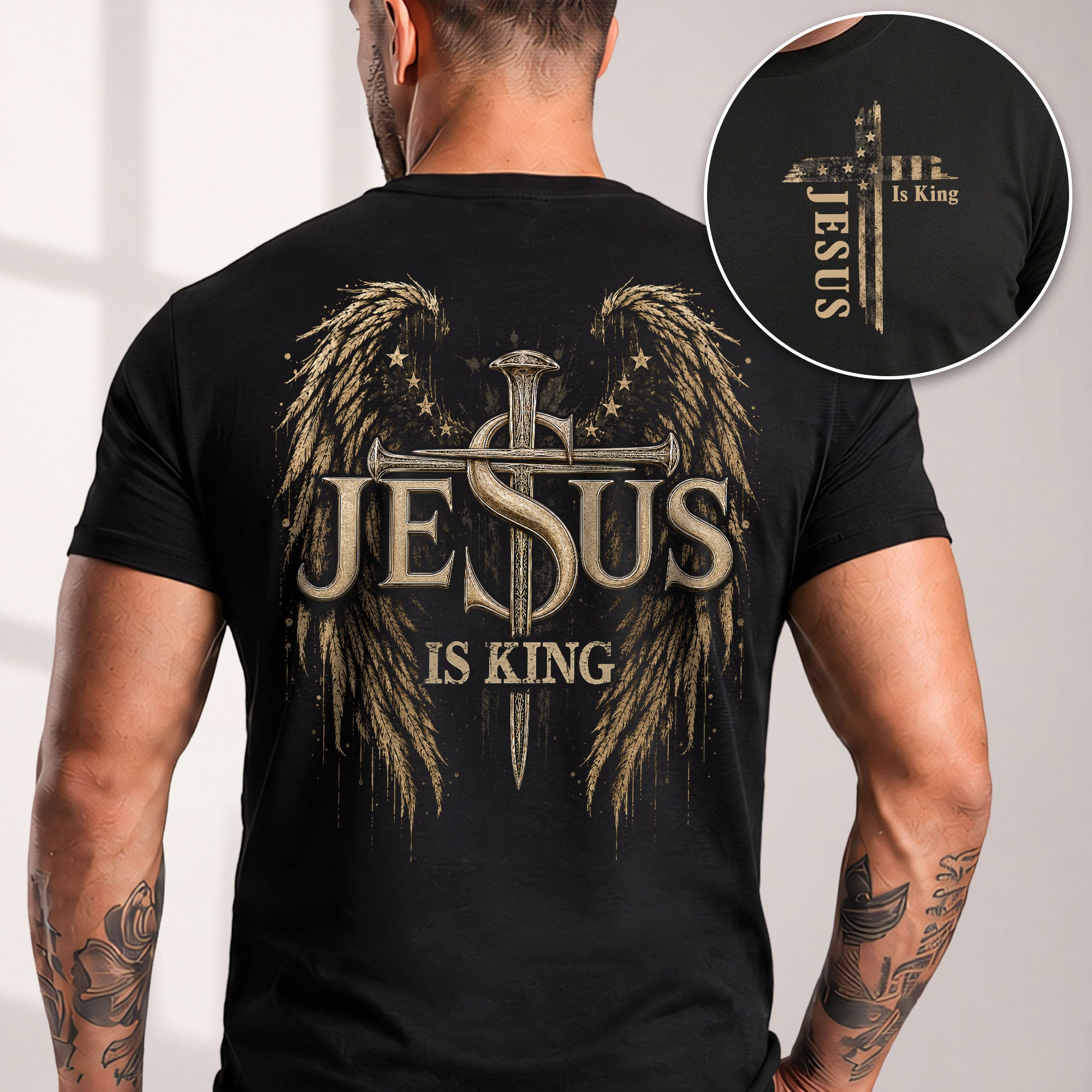 Jesus Is King Angel Wings Cross Graphic Christian T Shirt Apparel Men Clothing Top - Rust Field Wear