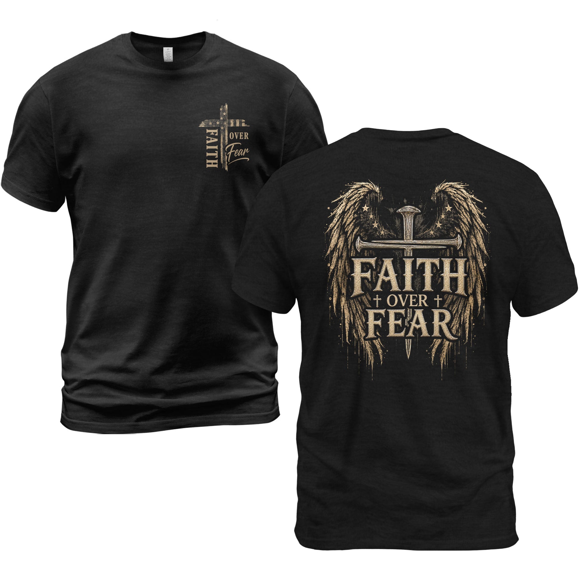 Faith Over Fear Angel Wings Cross Graphic Christian Tee Shirt Apparel Men Clothing - Rust Field Wear