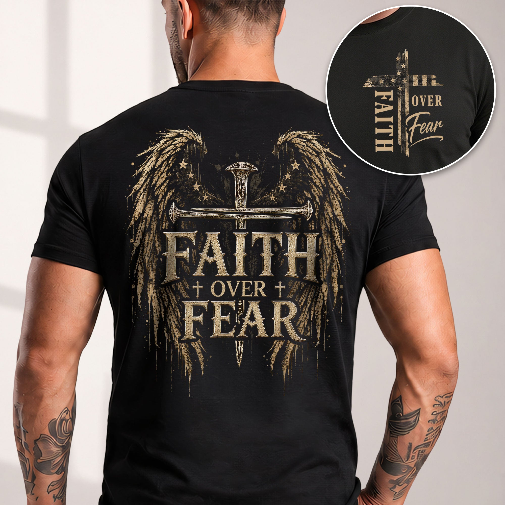 Faith Over Fear Angel Wings Cross Graphic Christian Tee Shirt Apparel Men Clothing - Rust Field Wear