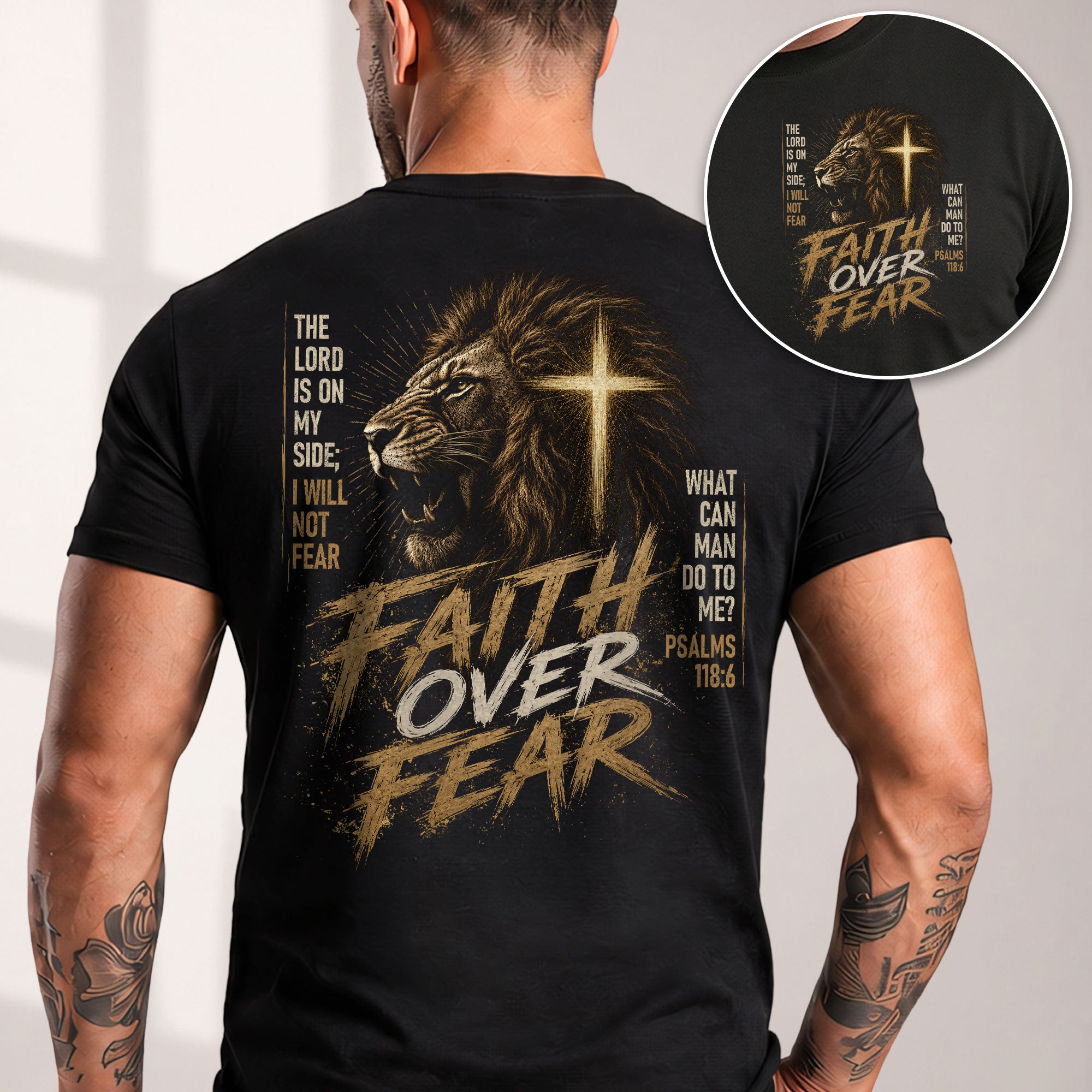 Faith Over Fear T-Shirt Lion Of Judah Christian Cross Psalms 118 6 Faith Graphic Tee - Rust Field Wear
