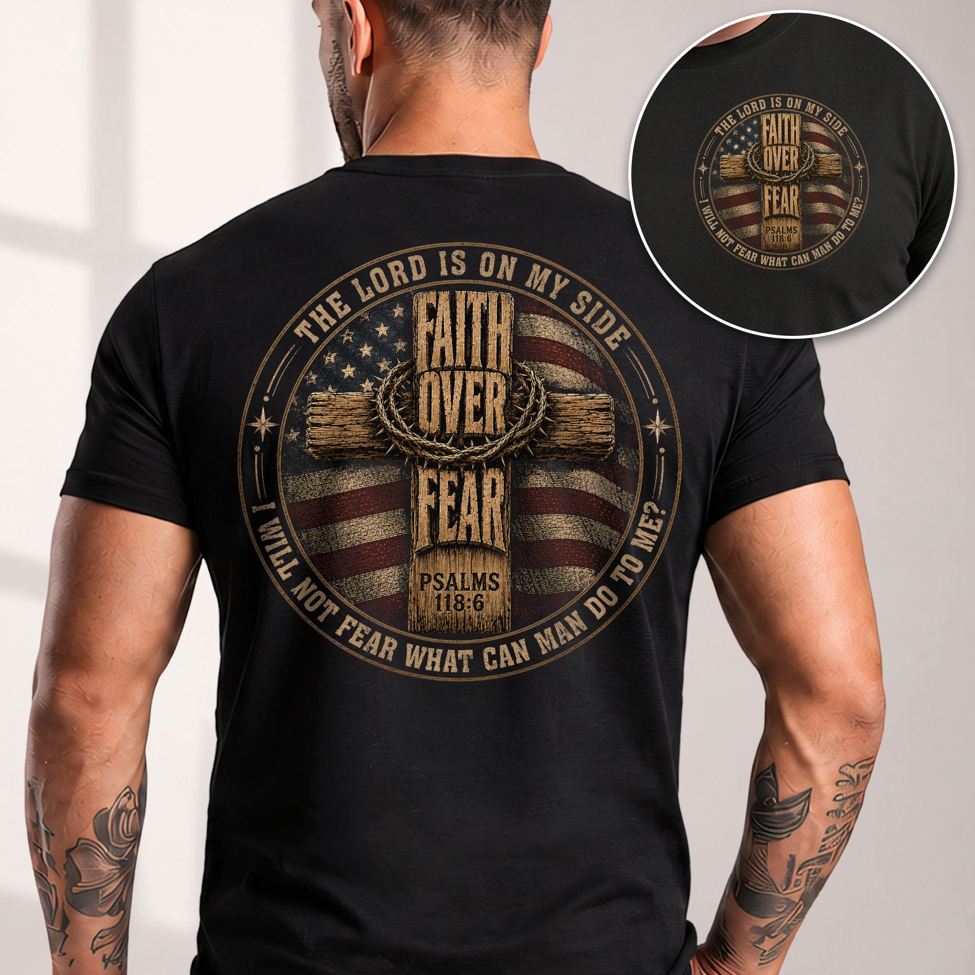 Faith Over Fear T-Shirt Christian Cross US Flag Psalms 118 6 Patriotic Graphic Tee - Rust Field Wear