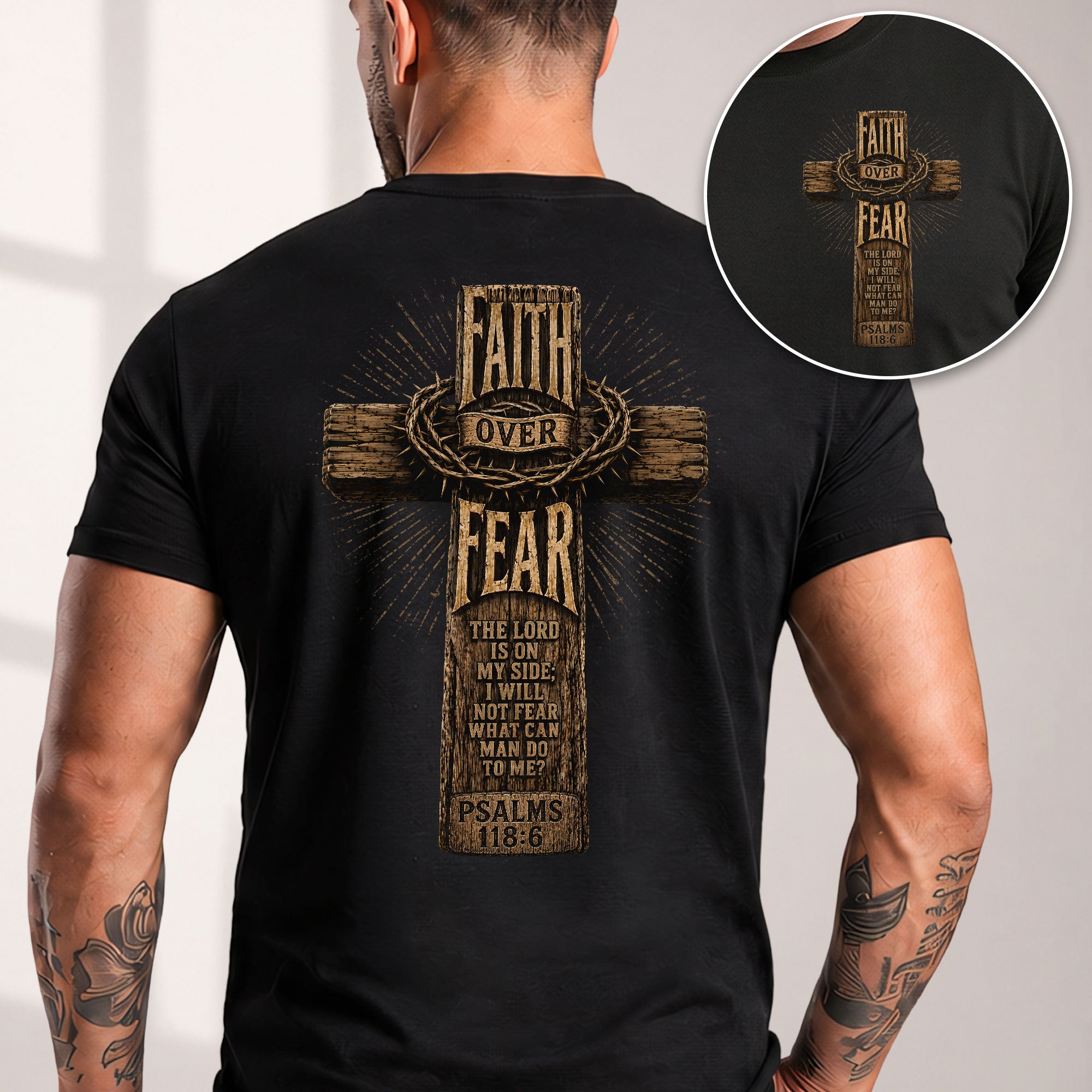 Faith Over Fear Shirt Rustic Wooden Cross Crown Of Thorns Scripture Psalms 118 6 Tee - Rust Field Wear