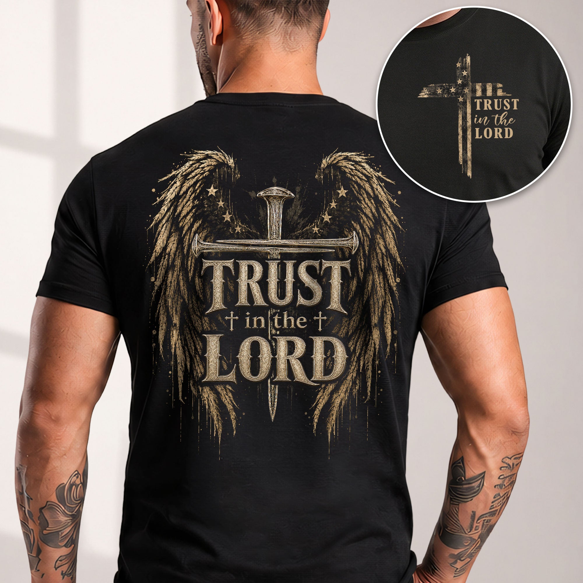 Trust In The Lord Angel Wings Cross Graphic Christian T Shirt Apparel Men Clothing - Rust Field Wear