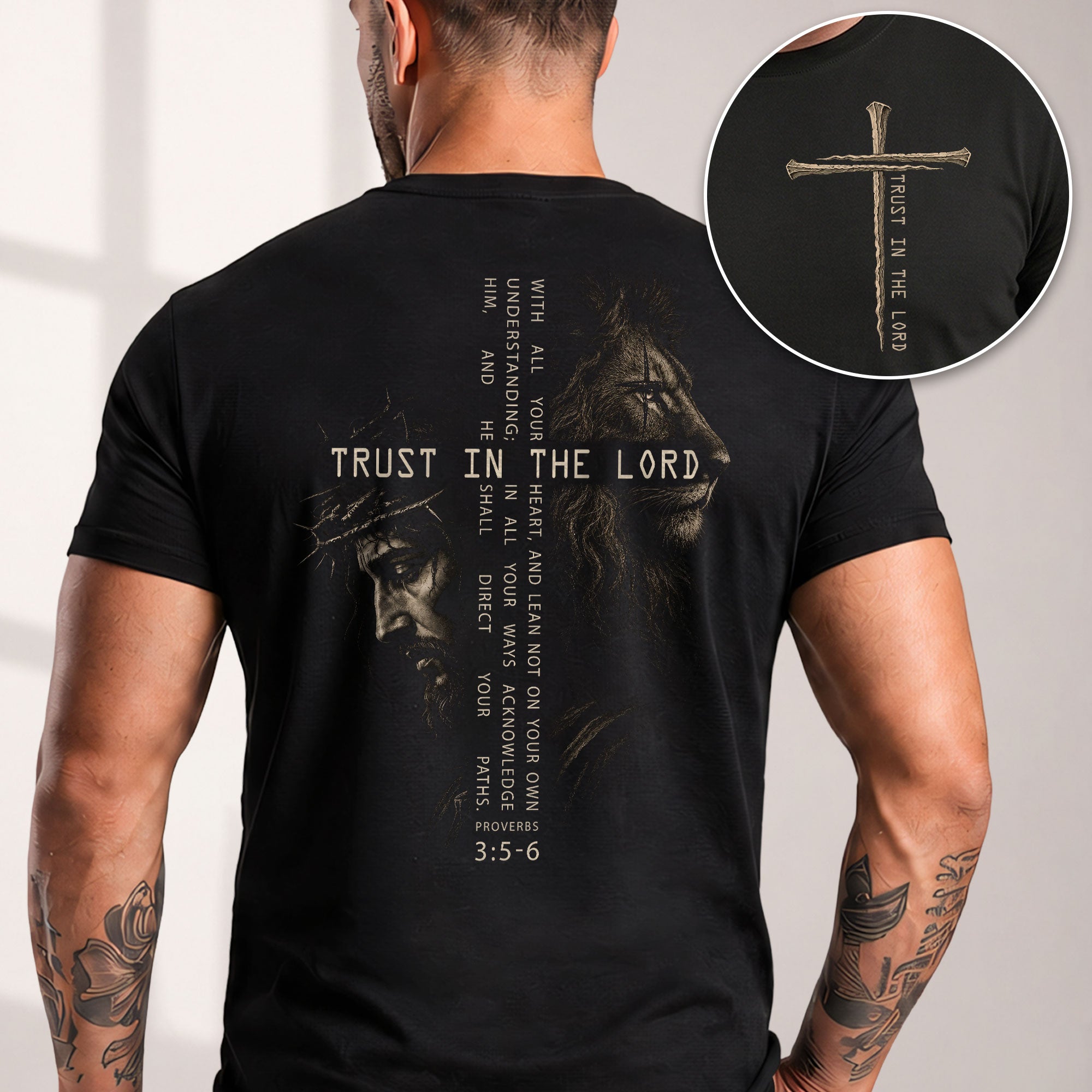Trust In The Lord Jesus Lion Proverbs 3 5 6 Graphic Christian T Shirt Apparel Clothing - Rust Field Wear