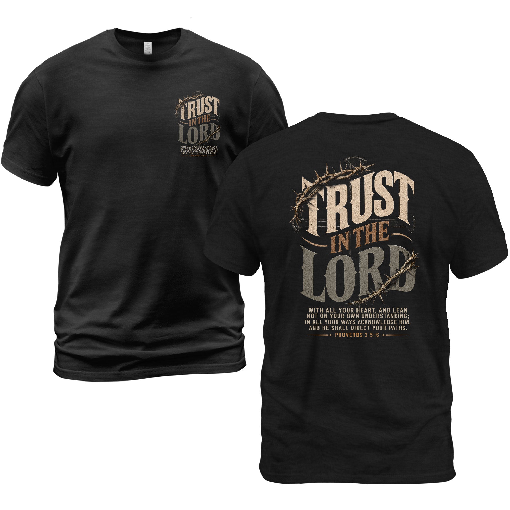 Trust In The Lord T Shirt Christian Proverbs 3 5 6 Cross Crown Of Thorns Religious Tee