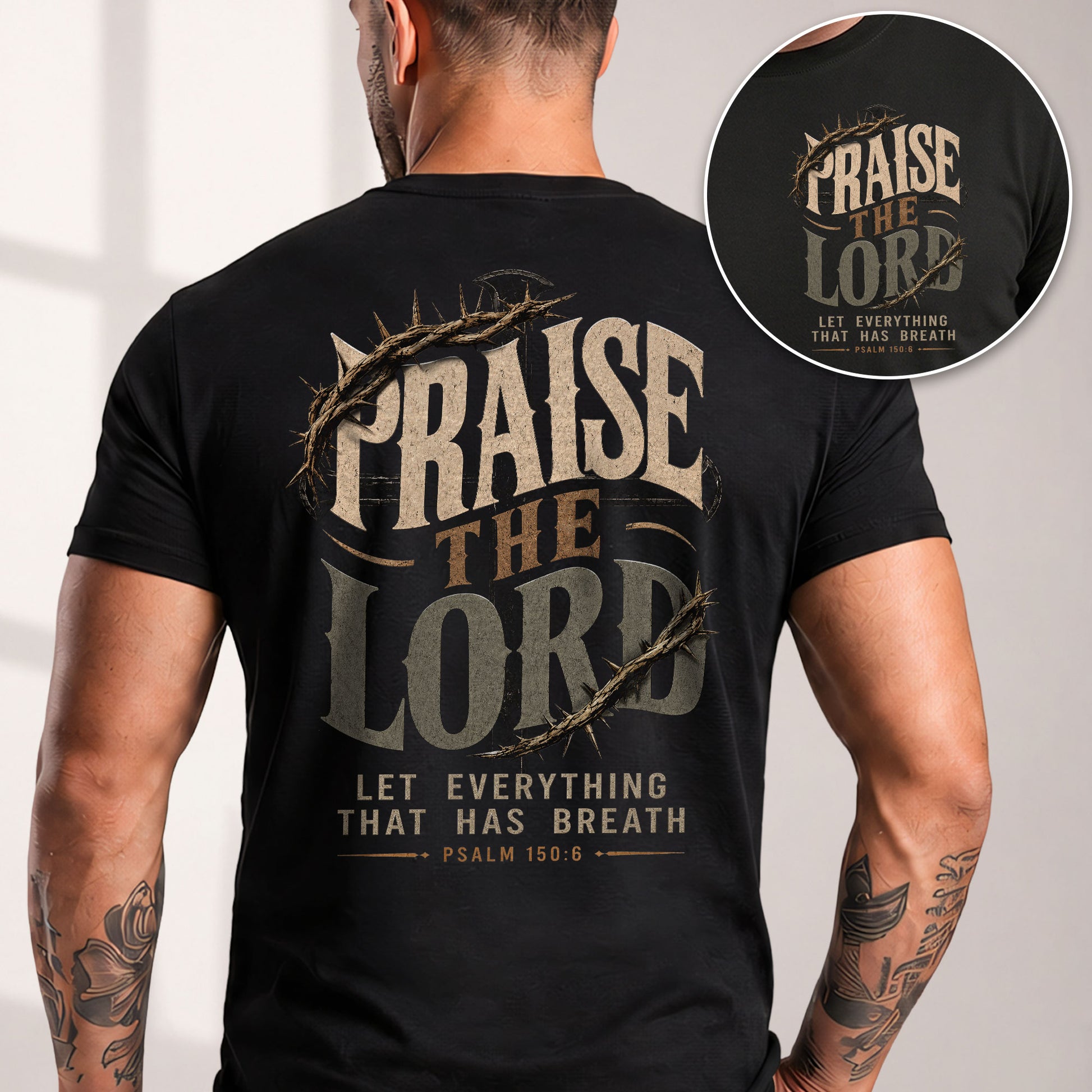 Praise The Lord Shirt Crown Of Thorns Christian Bible Verse Psalm 150 6 Faith Graphic Tee - Rust Field Wear