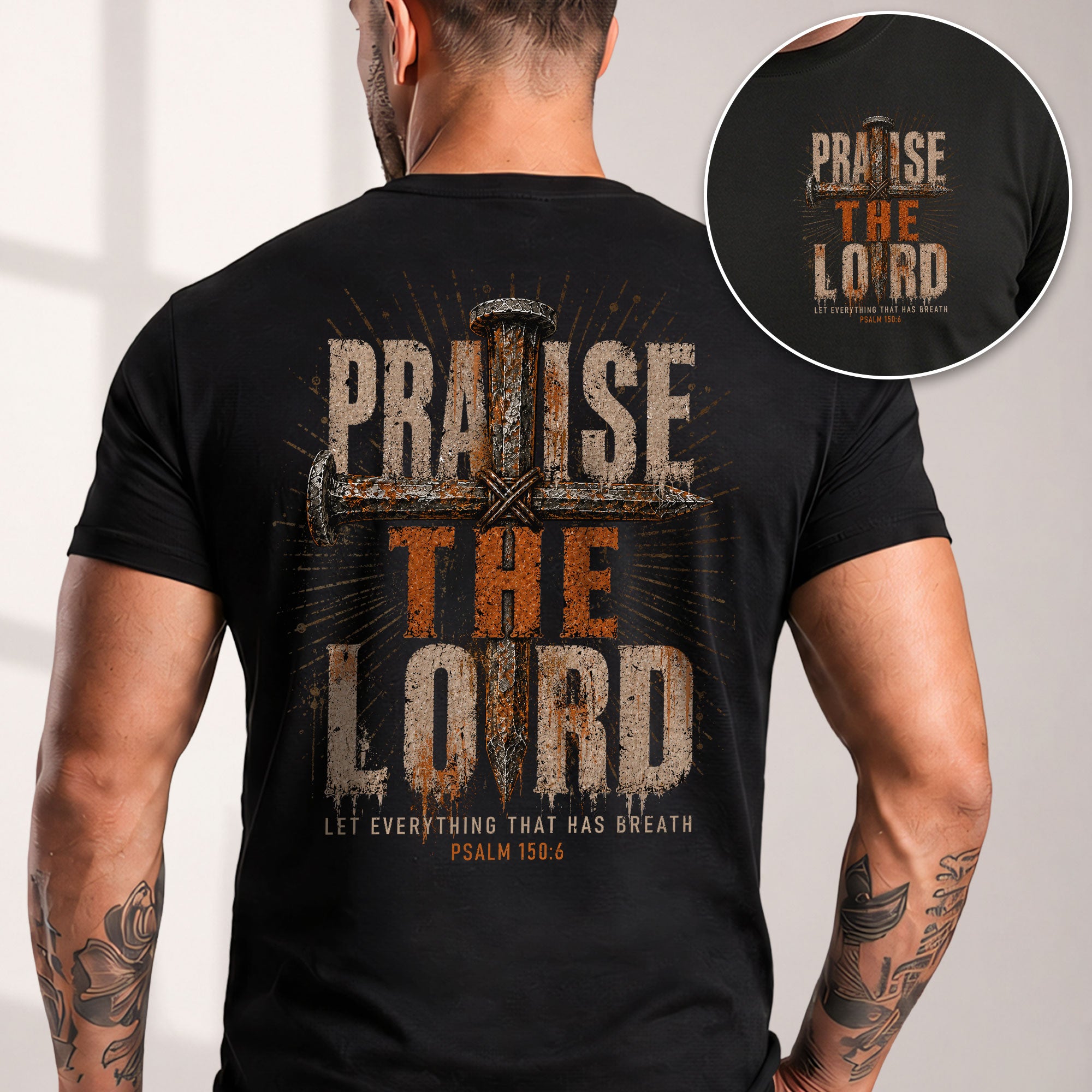 Praise The Lord Shirt Rustic Cross Christian Faith Quote Psalm 150 6 Men Graphic Tee - Rust Field Wear