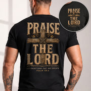Praise The Lord Shirt Lion Of Judah Wooden Cross Christian Psalm 150 6 Faith Graphic Tee - Rust Field Wear