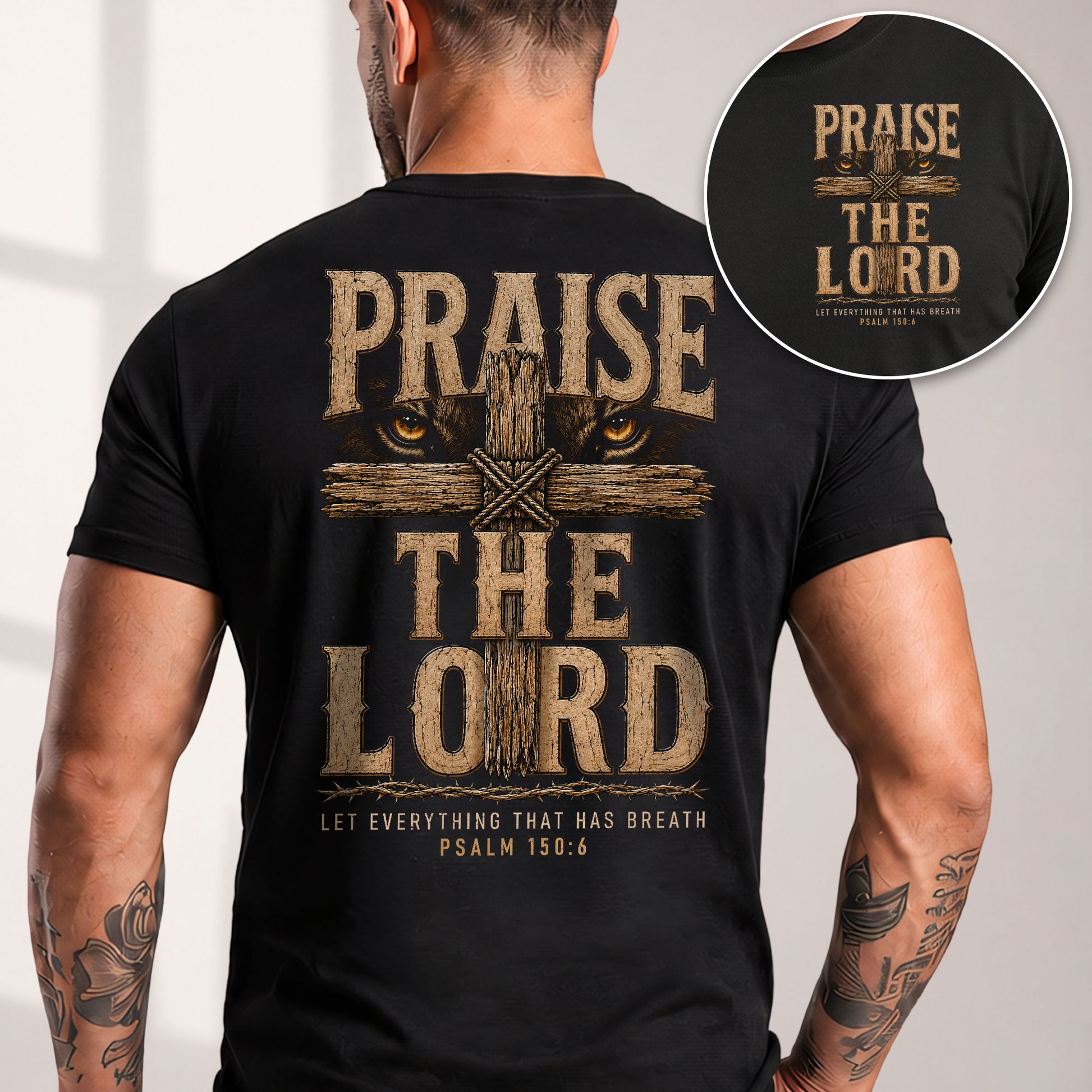 Praise The Lord Shirt Lion Of Judah Wooden Cross Christian Psalm 150 6 Faith Graphic Tee - Rust Field Wear
