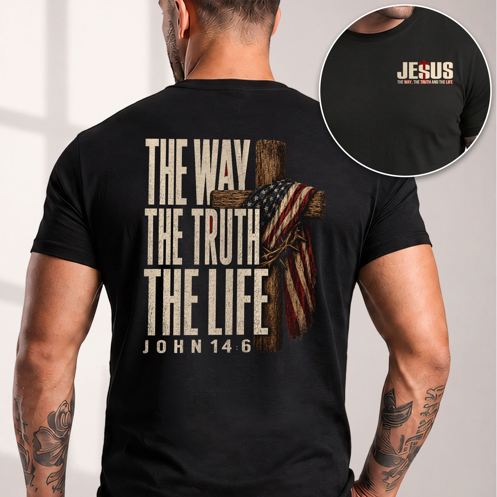 The Way The Truth The Life Christian T Shirt with American Flag Cross and Crown of Thorns
