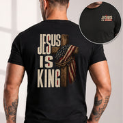 Jesus Is King Shirt Patriotic Christian Men Shirt Wooden Cross American Flag Crown Of Thorns