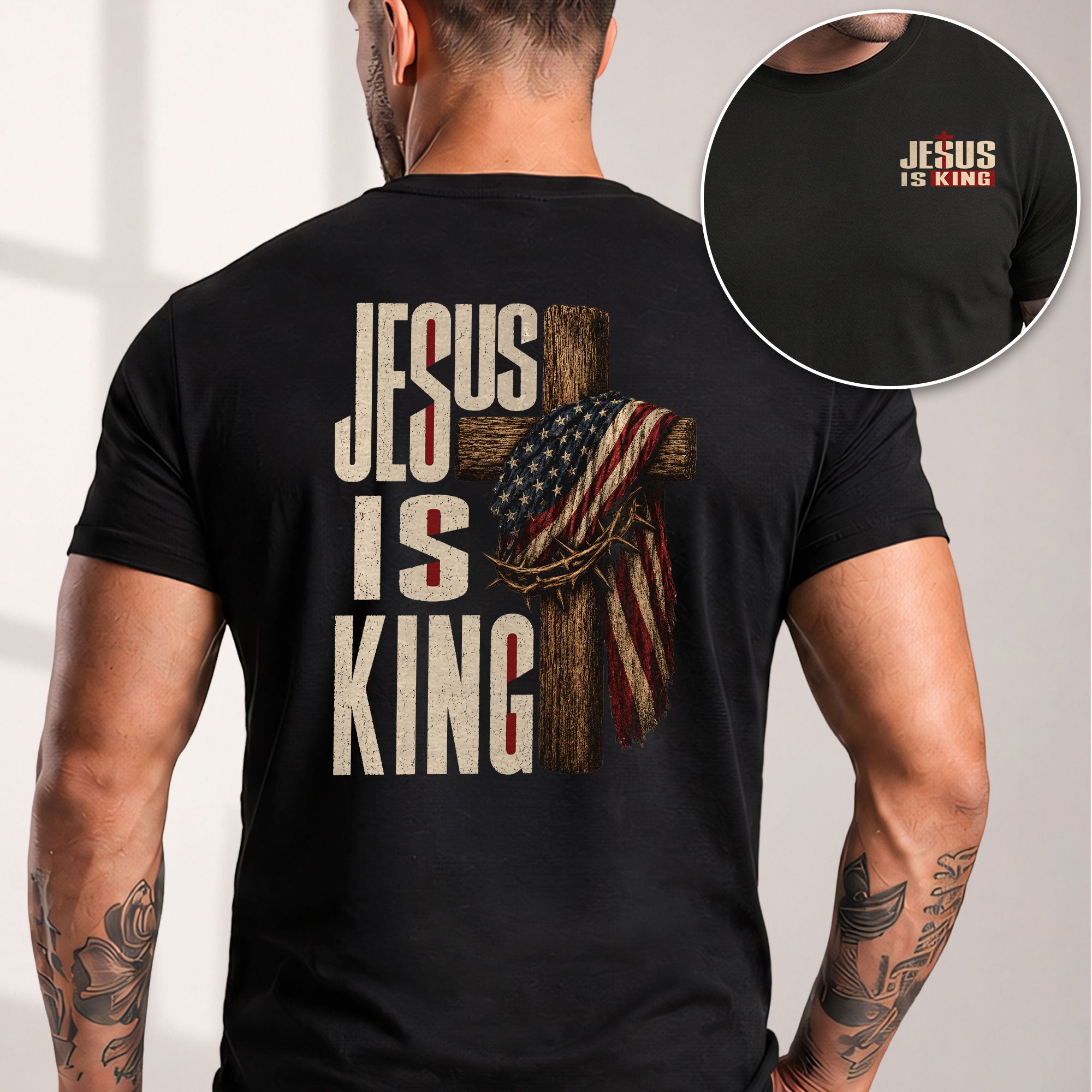 Jesus Is King Shirt Patriotic Christian Men Shirt Wooden Cross American Flag Crown Of Thorns