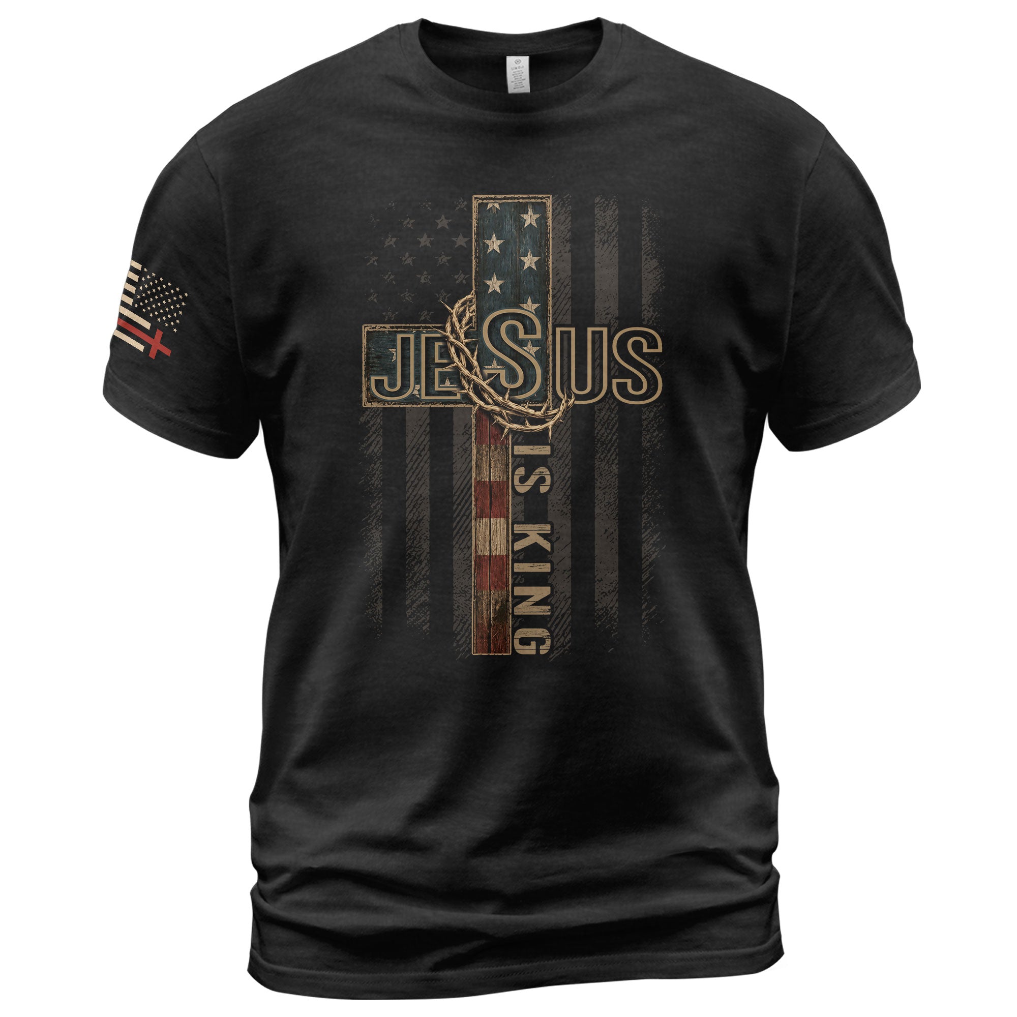 Jesus Is King Shirt Patriotic Christian Men Shirt American Flag Cross Crown Of Thorns Tee
