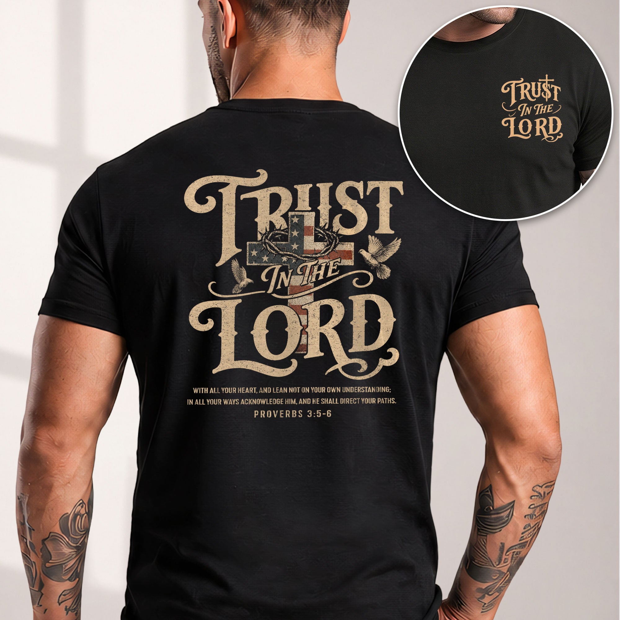 Trust In The Lord Proverbs American Flag Cross Doves Christian Graphic T Shirt Men