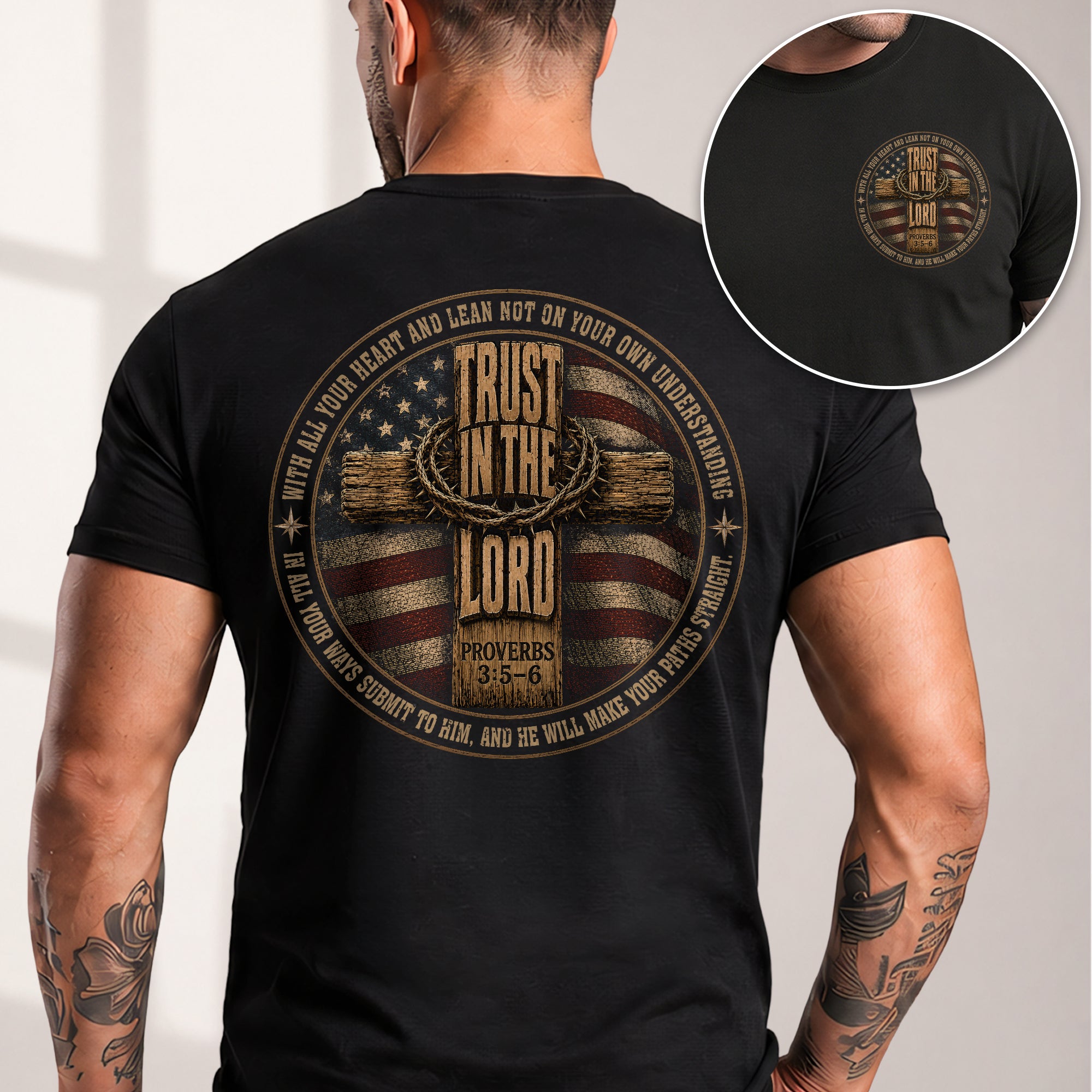 Trust In The Lord American Flag Cross Christian Shirt Graphic Casual Crewneck Men