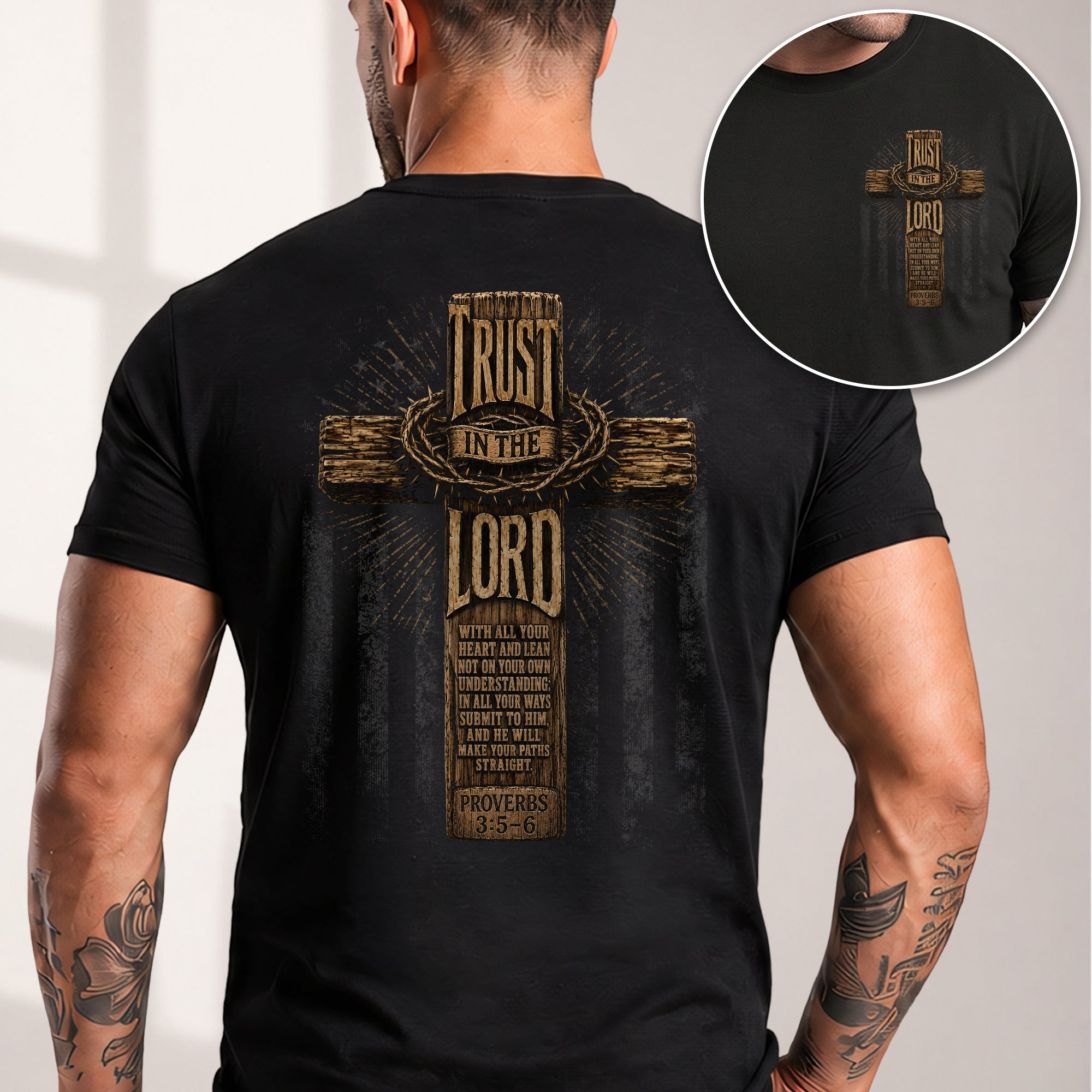 Trust In The Lord Wooden Cross Scripture Christian Graphic Casual Crewneck Tee Men