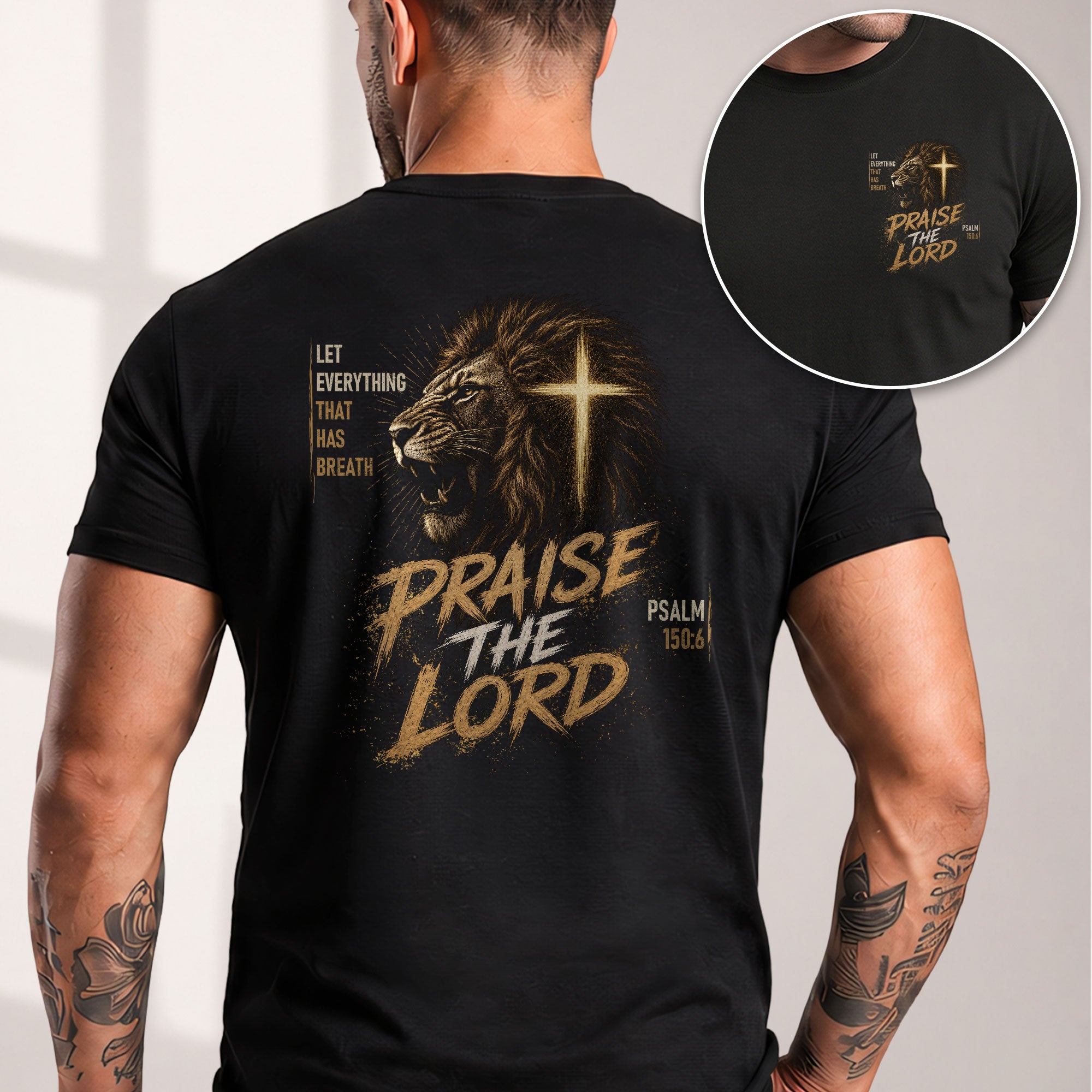Praise The Lord Lion Cross Psalm Scripture Christian Graphic Casual Crewneck Tee Shirt Men