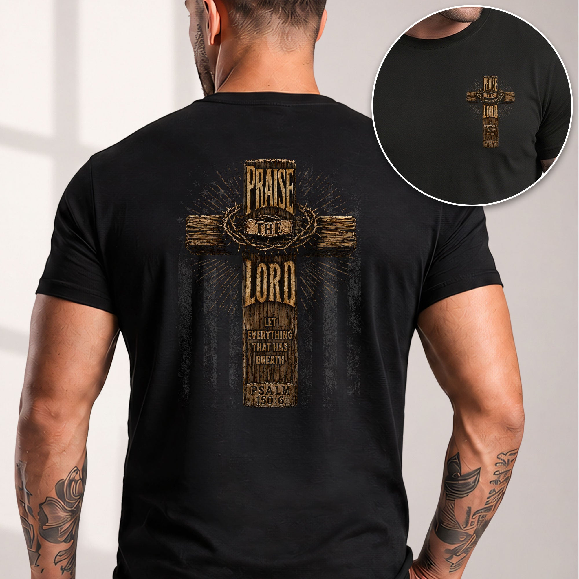 Praise The Lord Wooden Cross Scripture Christian Graphic Casual Crewneck Tee Shirt Men