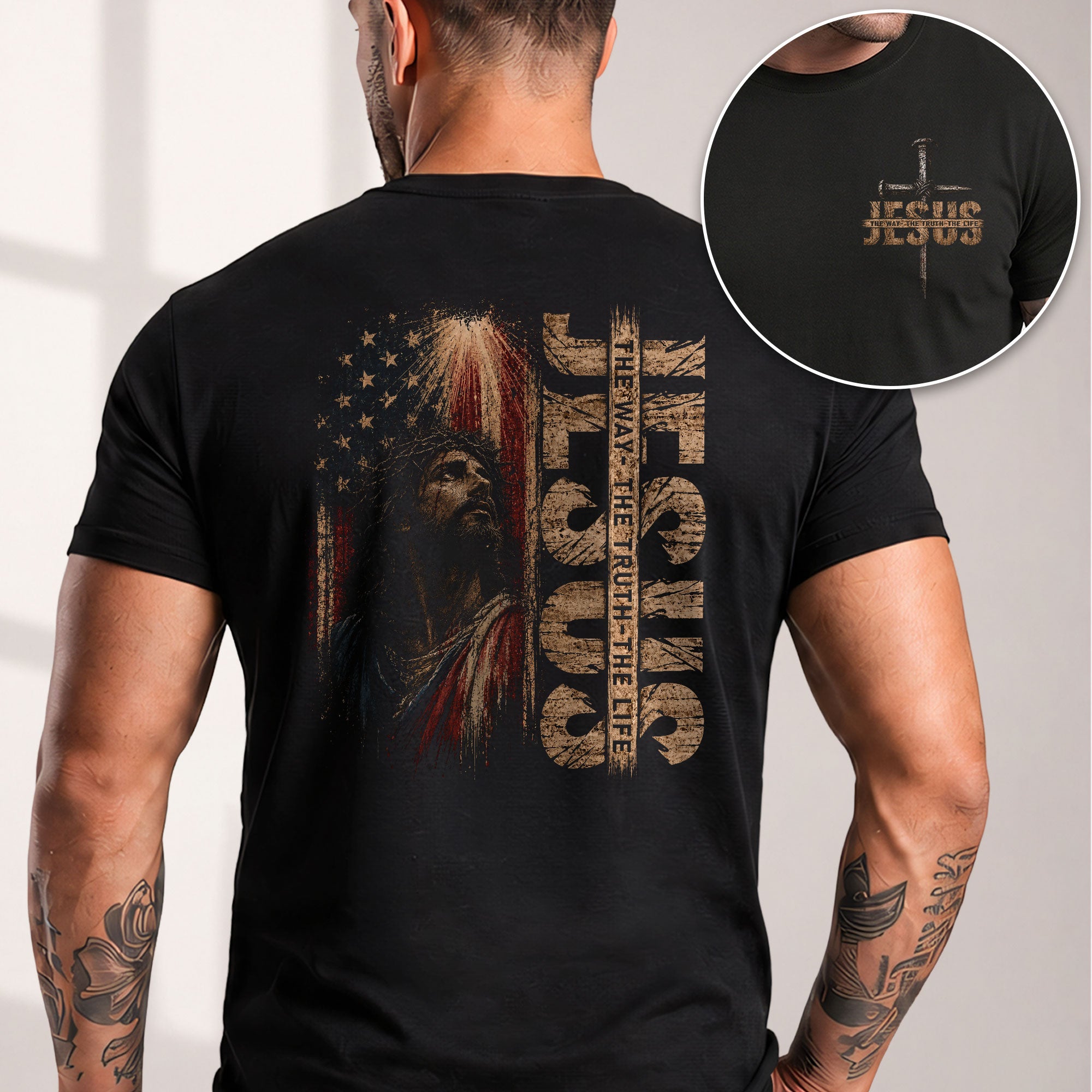 Jesus The Way The Truth The Life Shirt American Flag Christian Graphic Casual Crewneck Men