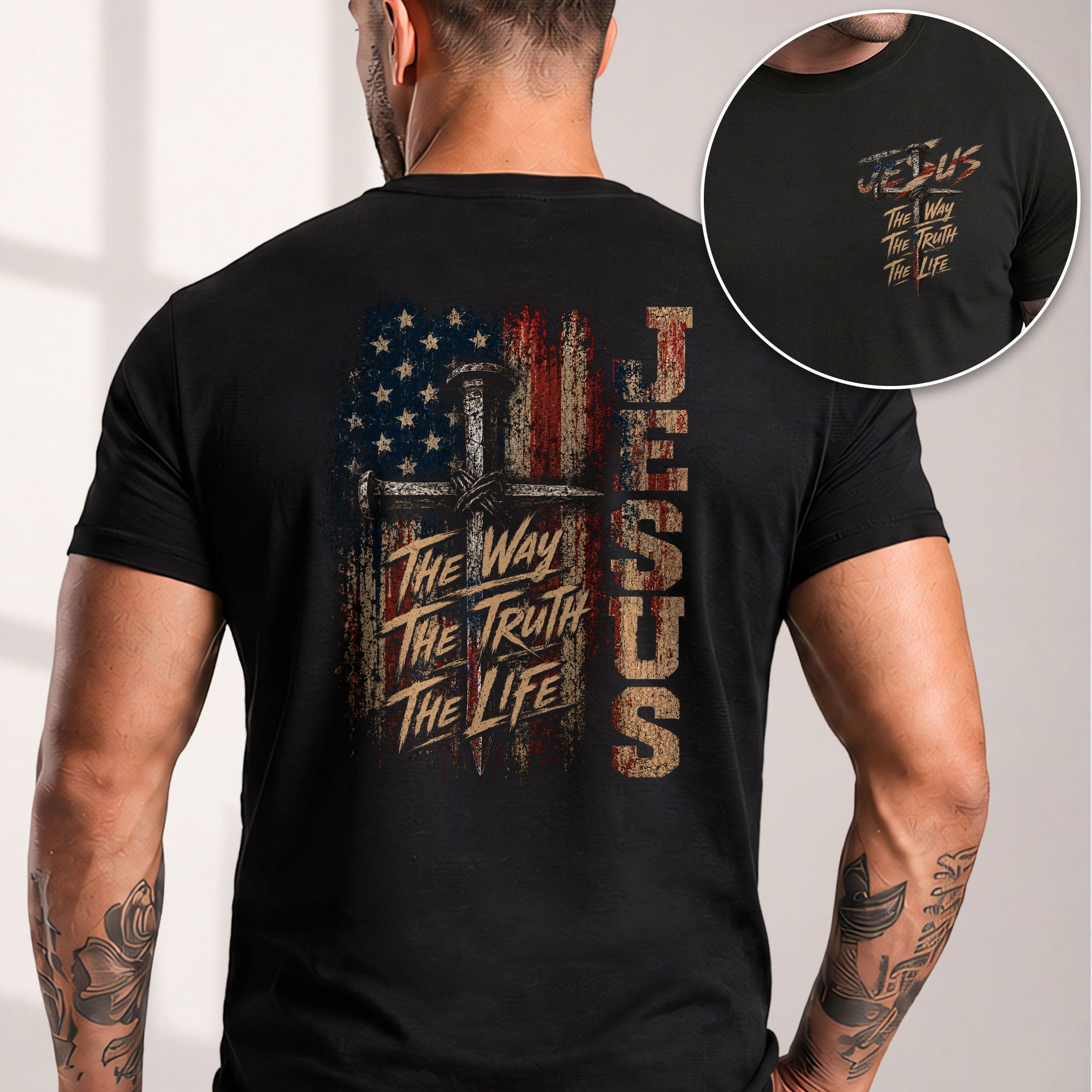 Jesus The Way The Truth The Life Shirt American Flag Cross Christian Graphic Casual Men